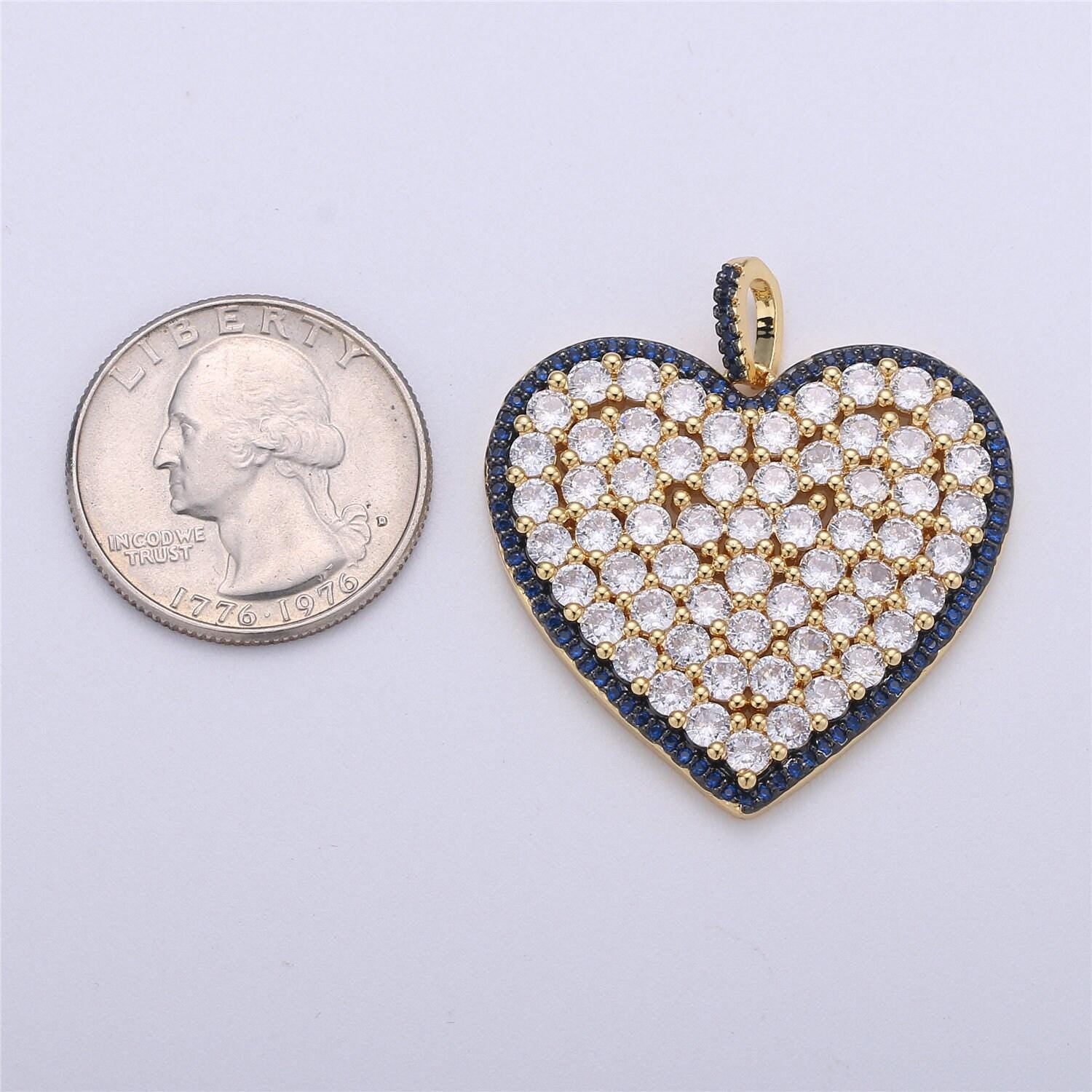 1x statement jewelry blue, green, pink micro pave heart pendant cubic heart pendant in 24k gold filled charm love jewelry necklace supply