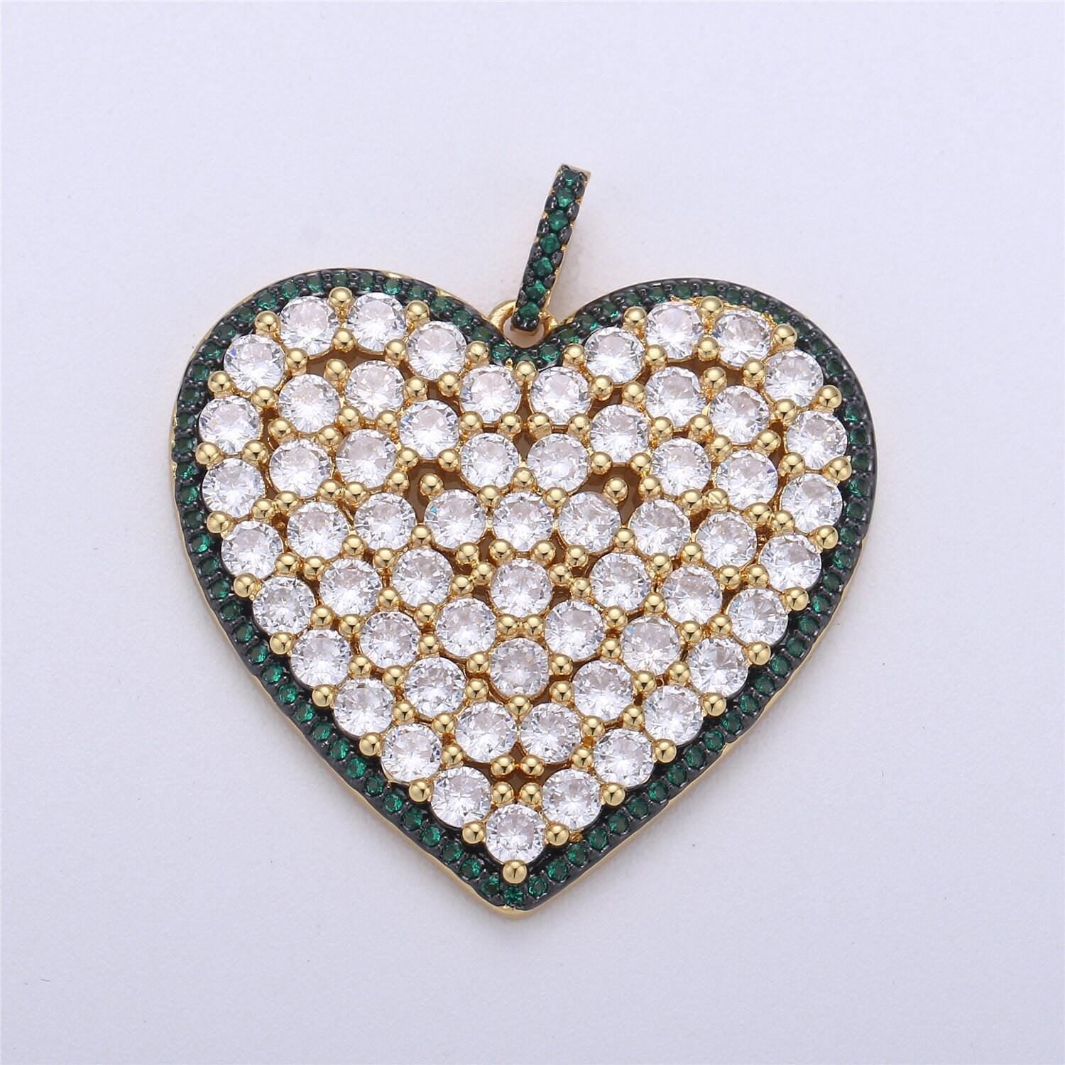 1x statement jewelry blue, green, pink micro pave heart pendant cubic heart pendant in 24k gold filled charm love jewelry necklace supply