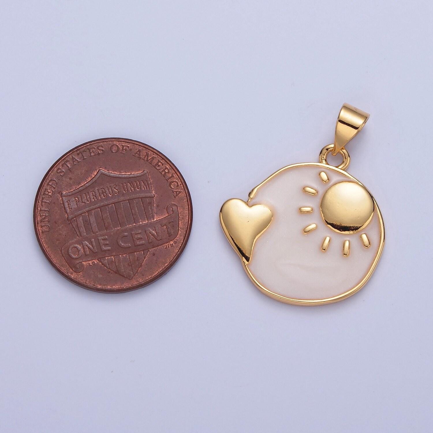 24k gold filled heavenly pink sun heart round disc coin charm, sunlight love heart pendant for minimalist jewelry design | i-336