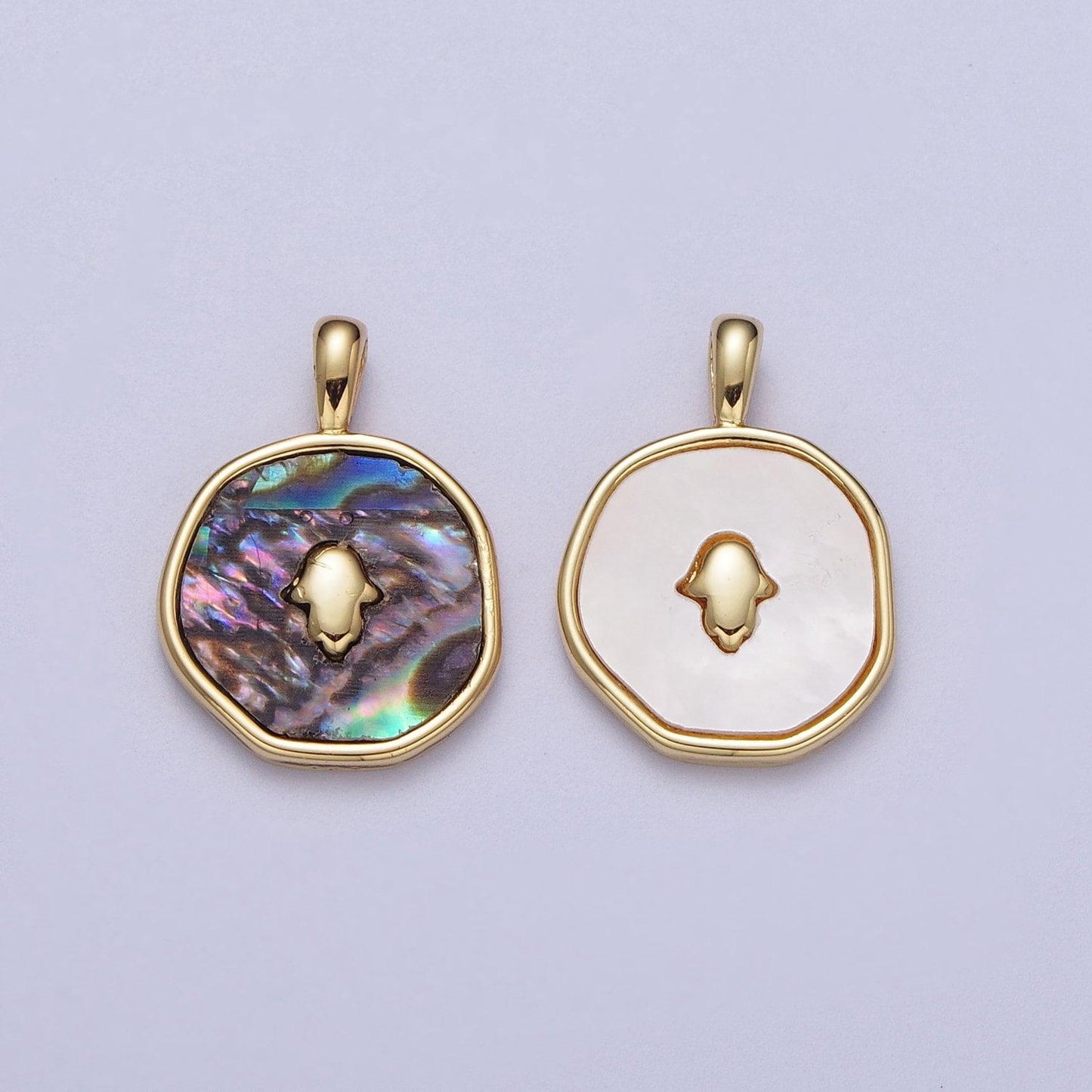 14k gold filled hamsa hand shell pearl, abalone round charm pendant for minimalist jewelry | i294 i316