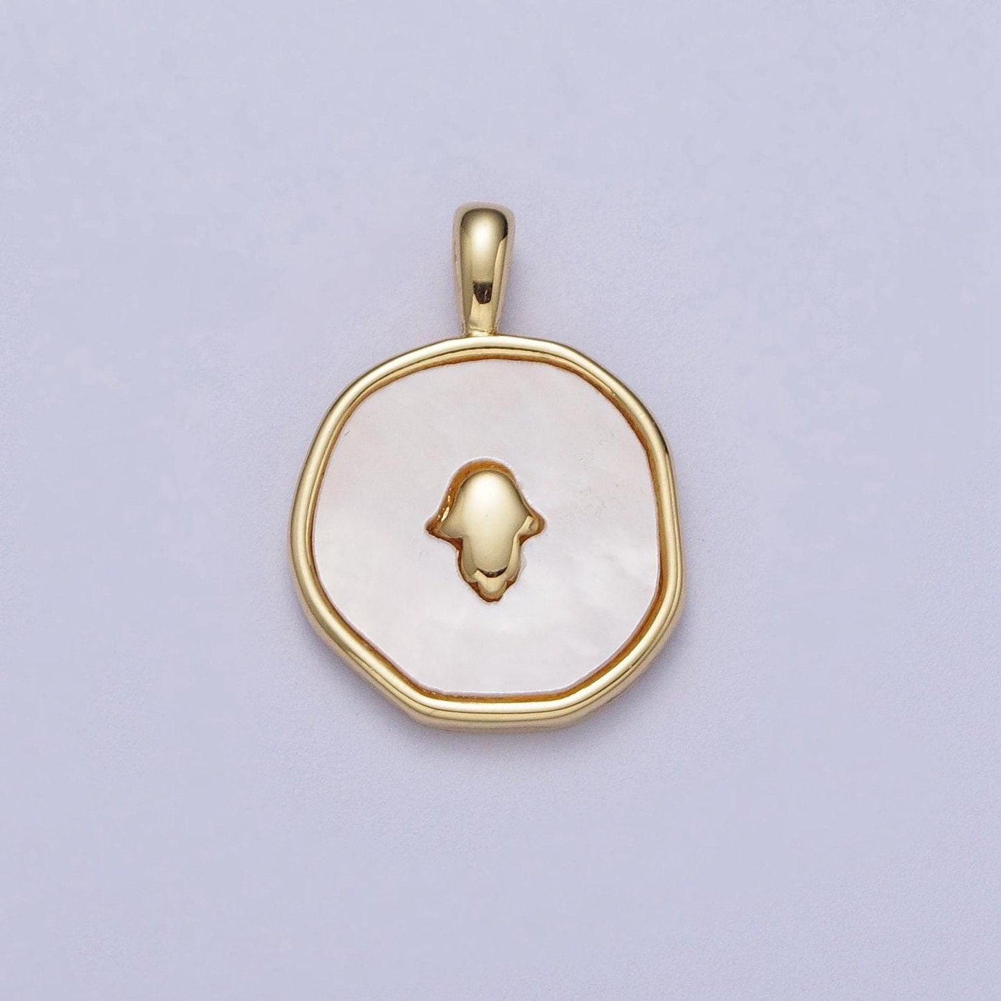 14k gold filled hamsa hand shell pearl, abalone round charm pendant for minimalist jewelry | i294 i316