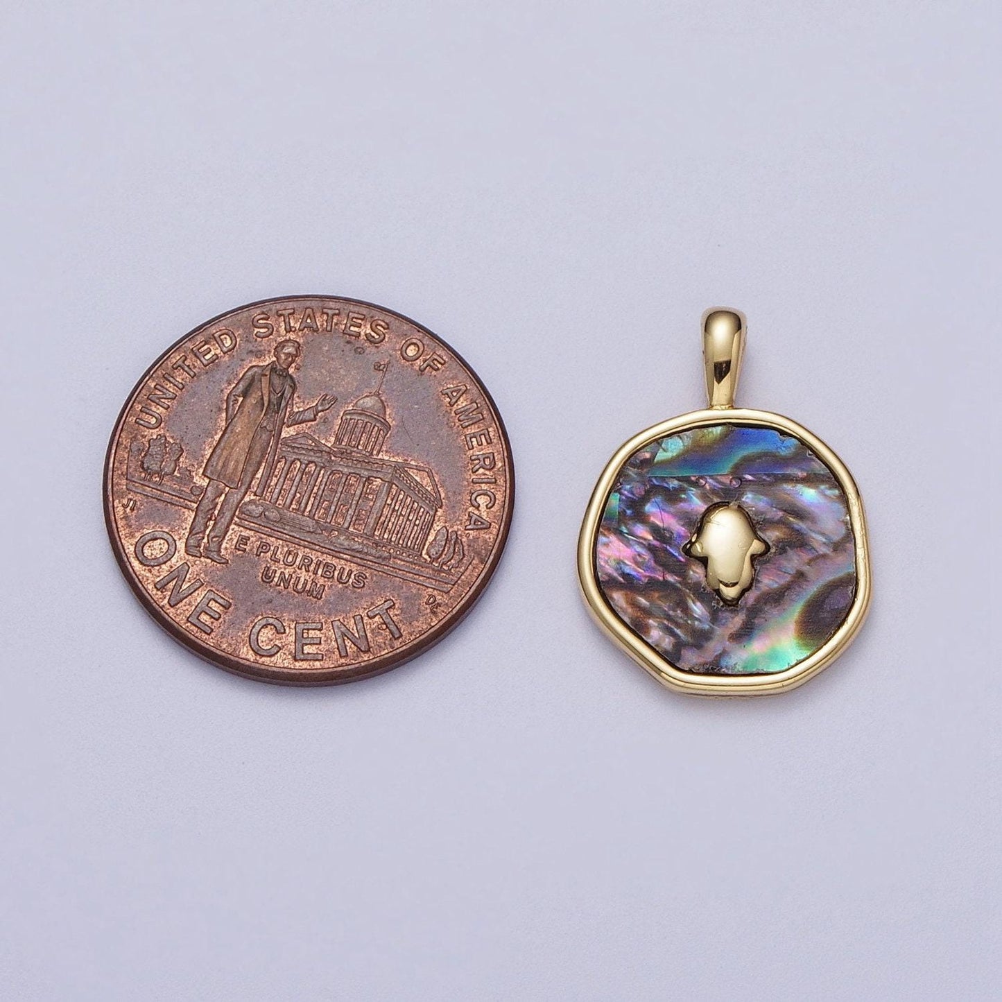 14k gold filled hamsa hand shell pearl, abalone round charm pendant for minimalist jewelry | i294 i316