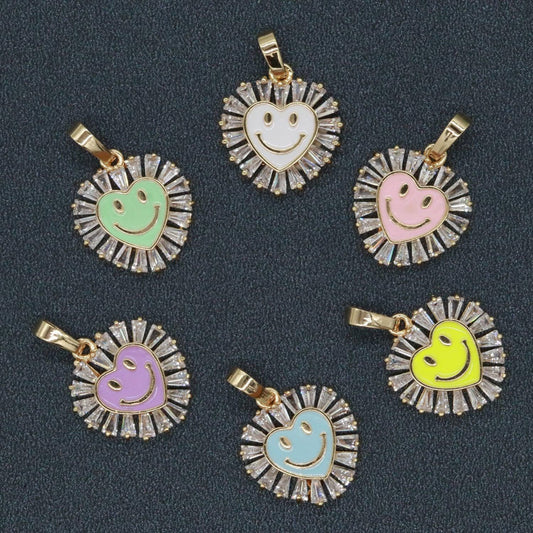 Heart smile face charm cubic happy face pendant for necklace earring component enamel y2k jewelry trend white teal pink blue i247