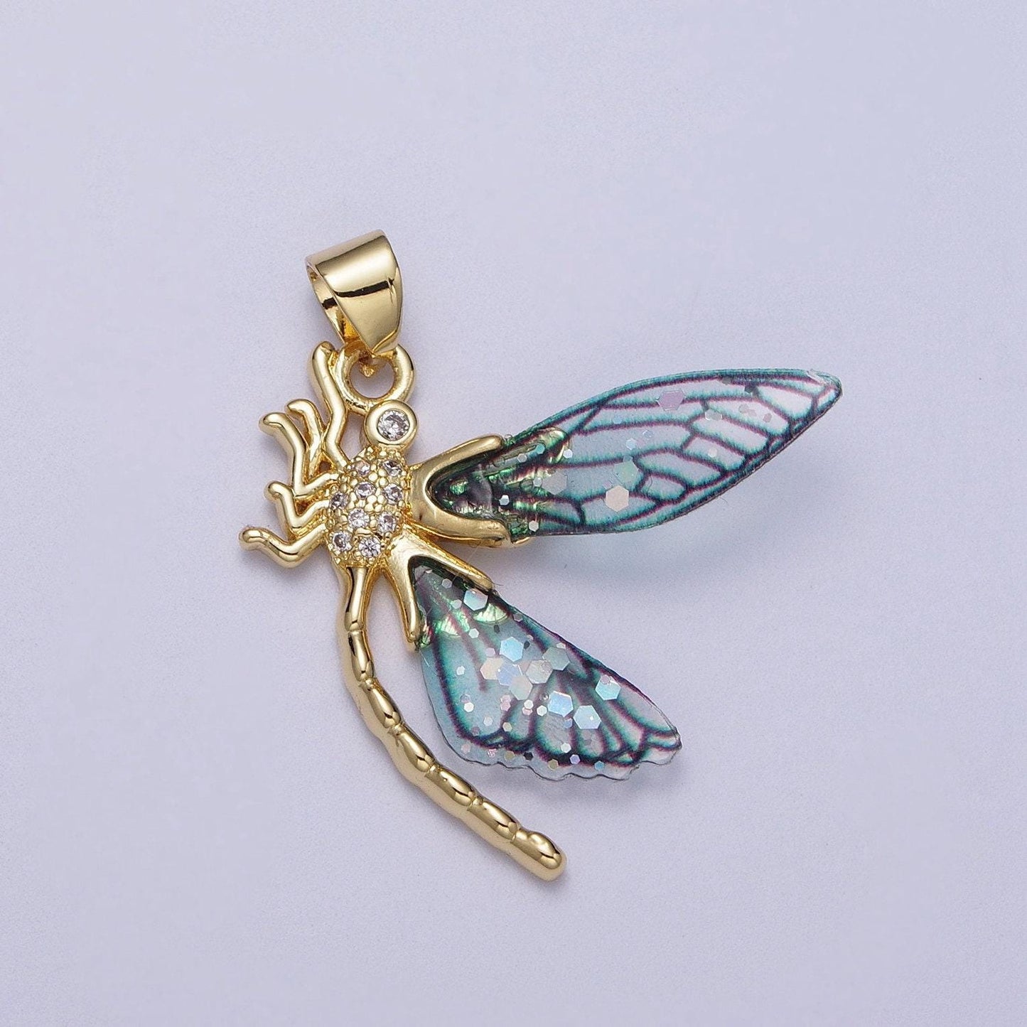 Gold cz blue & fuchsia fairy dragon fly wings pendant, 24k gold filled micro paved cz resin beautiful sparkly insect wings charm
