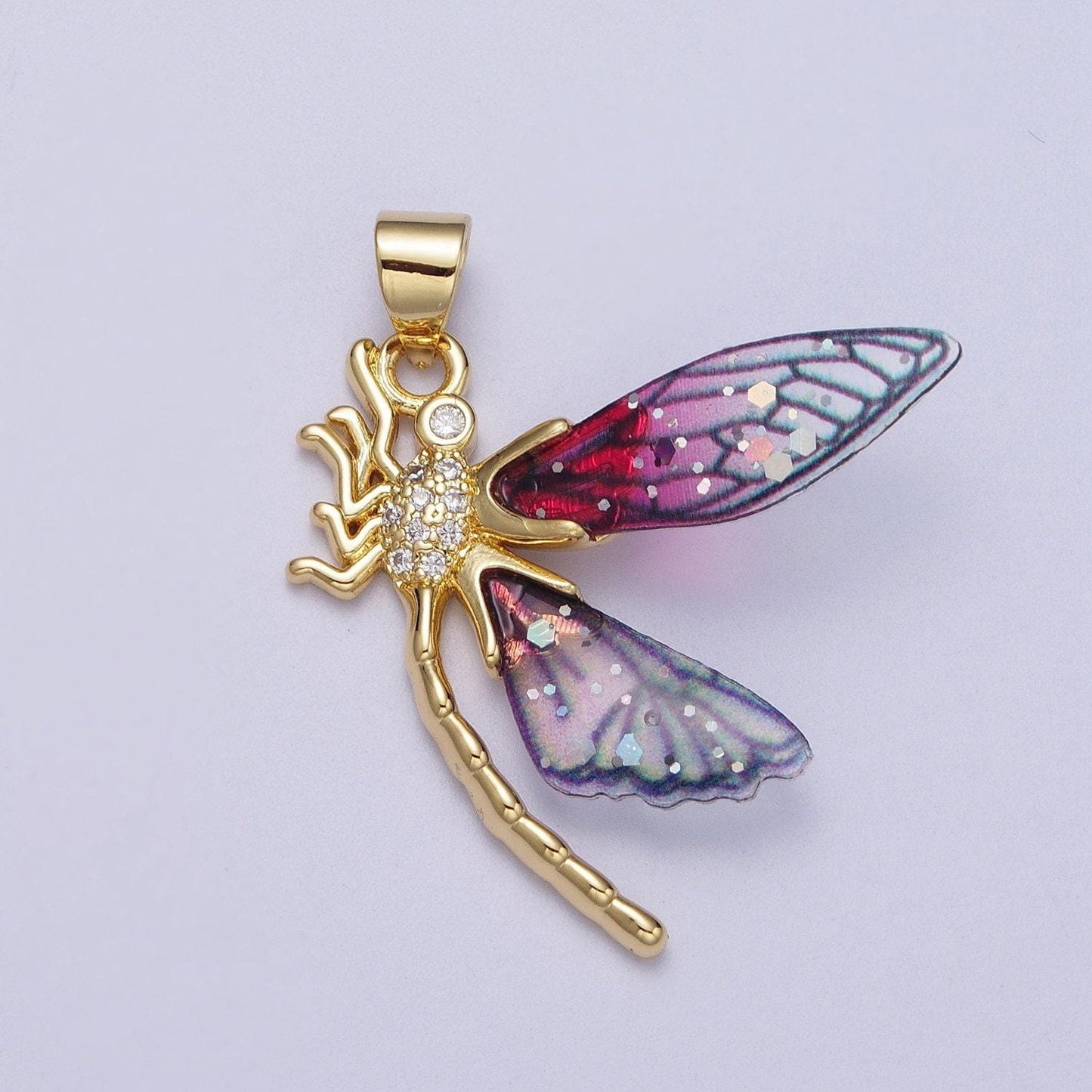 Gold cz blue & fuchsia fairy dragon fly wings pendant, 24k gold filled micro paved cz resin beautiful sparkly insect wings charm