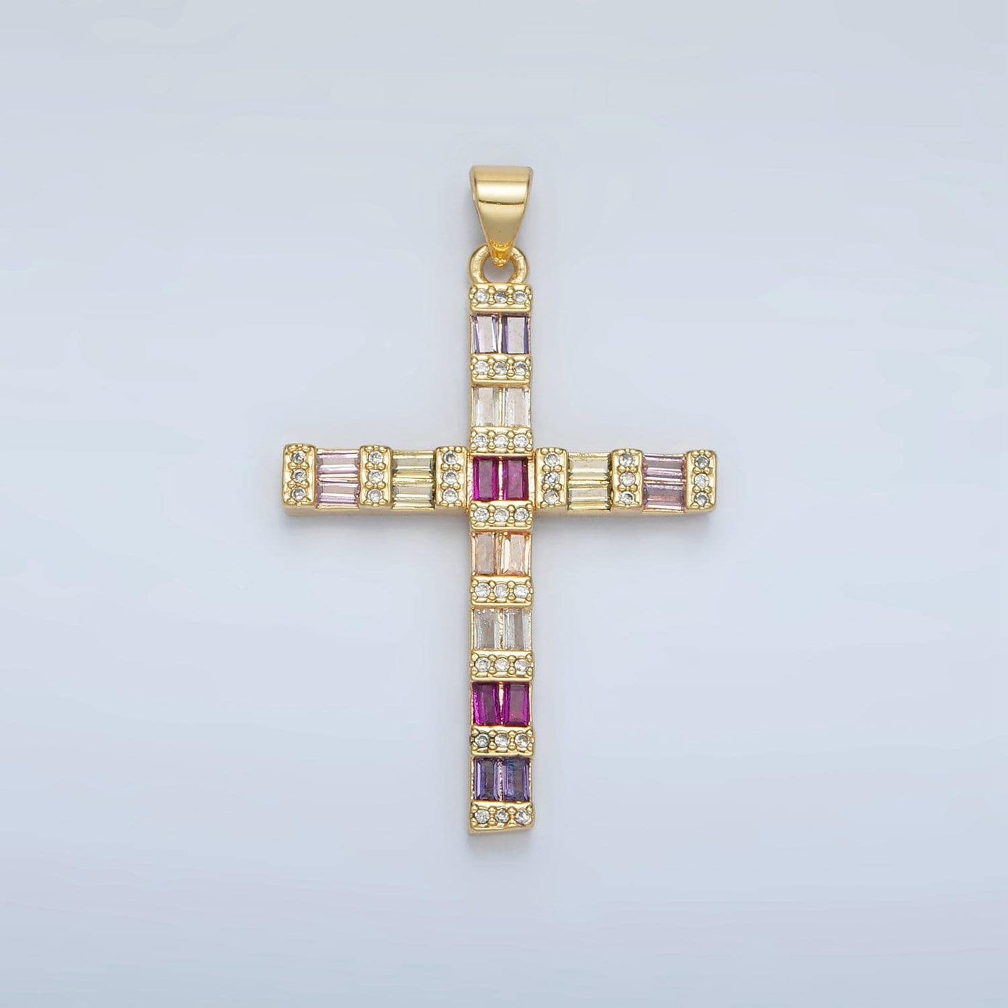 14k gold filled 35.6mm multicolor baguette micro paved cz cross pendant religious jewelry making supply | i-255