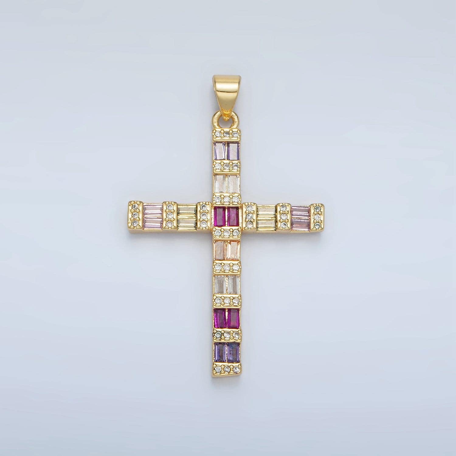14k gold filled 35.6mm multicolor baguette micro paved cz cross pendant religious jewelry making supply | i-255