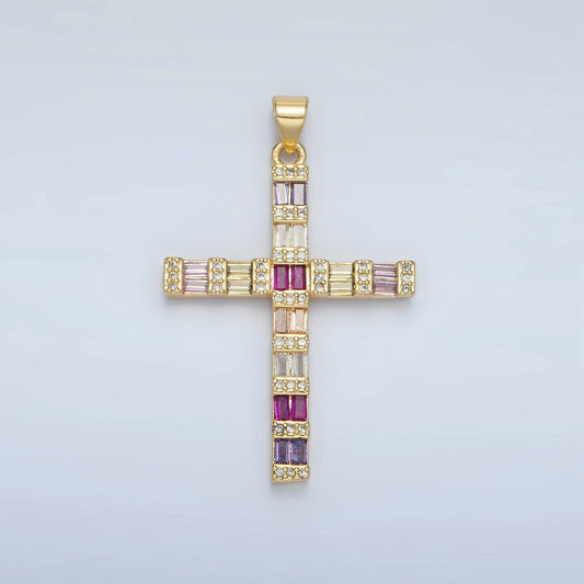 14k gold filled 35.6mm multicolor baguette micro paved cz cross pendant religious jewelry making supply | i-255