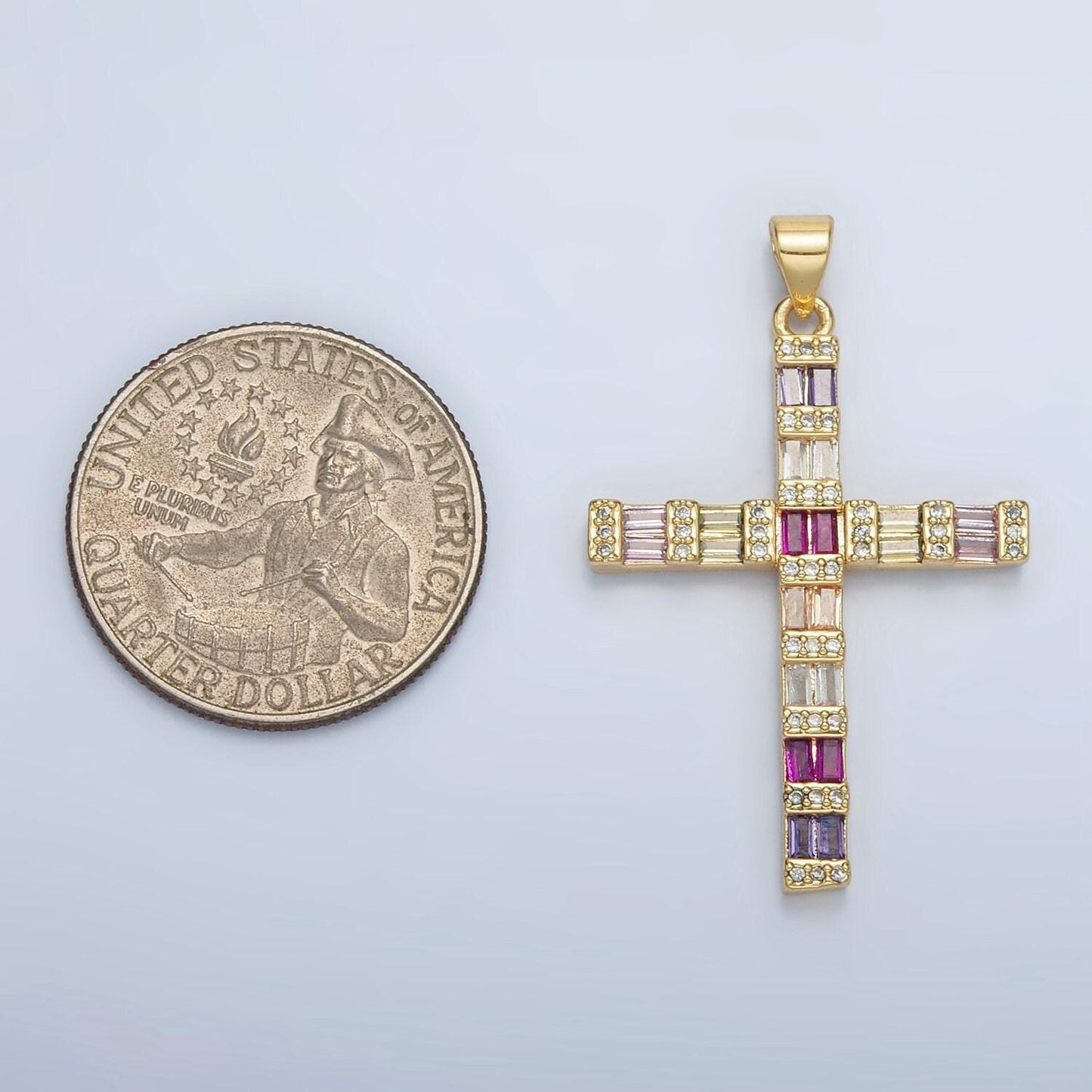 14k gold filled 35.6mm multicolor baguette micro paved cz cross pendant religious jewelry making supply | i-255