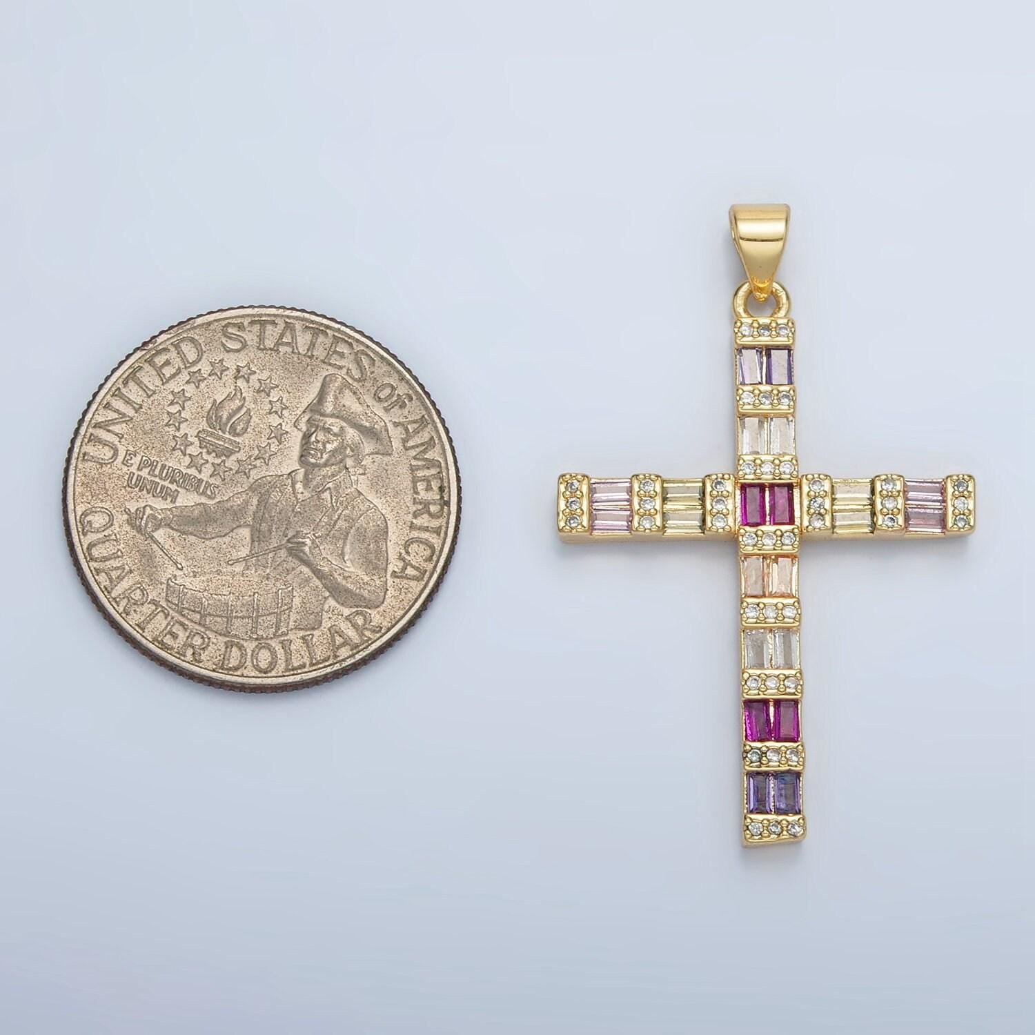 14k gold filled 35.6mm multicolor baguette micro paved cz cross pendant religious jewelry making supply | i-255