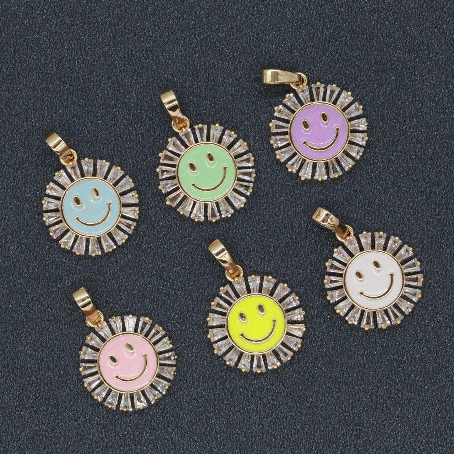 Round smile face charm cubic happy face pendant for necklace earring component enamel y2k jewelry trend white teal pink blue i-247