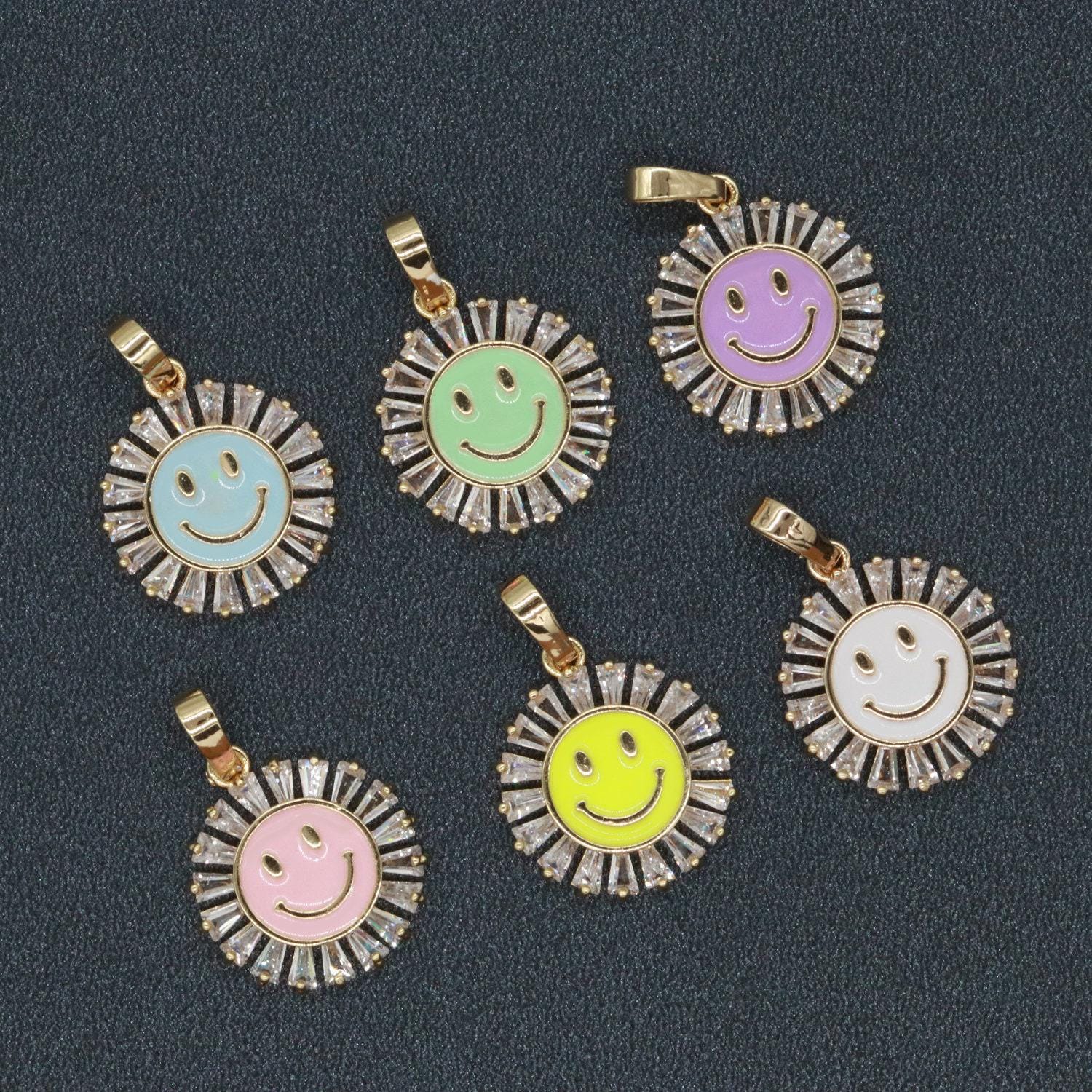 Round smile face charm cubic happy face pendant for necklace earring component enamel y2k jewelry trend white teal pink blue i-247