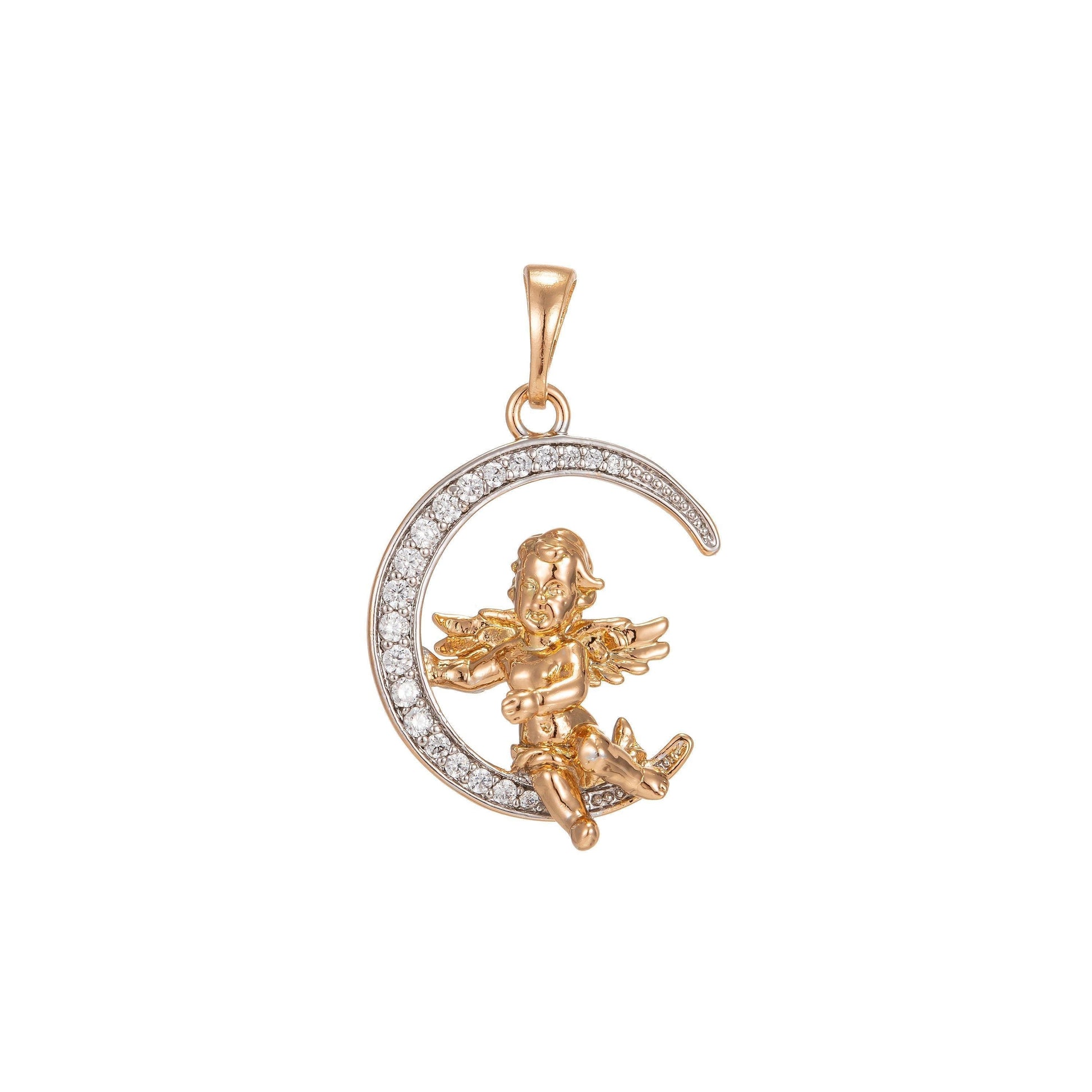 Cherub in the moon pendant micro pave gold moon charm necklace moon pendant 18k gold filled cherub necklace cubic baby angel jewelry i-251