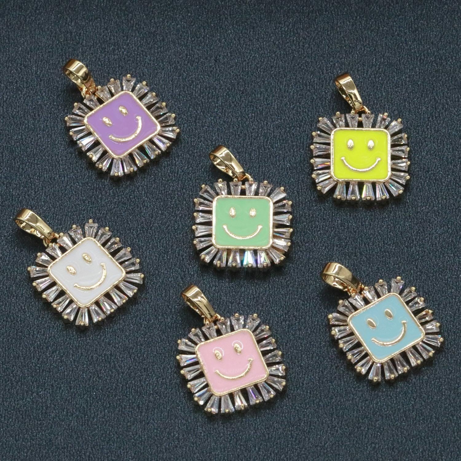 Square smile face charm cubic happy face pendant for necklace earring component enamel y2k jewelry trend white teal pink blue i219