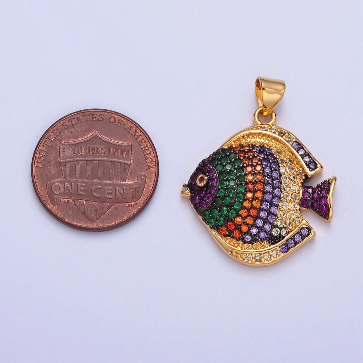 Iced gold cz fish charm micro colorful cz paved sea life fish pendant, sea animal beach life charm | i215