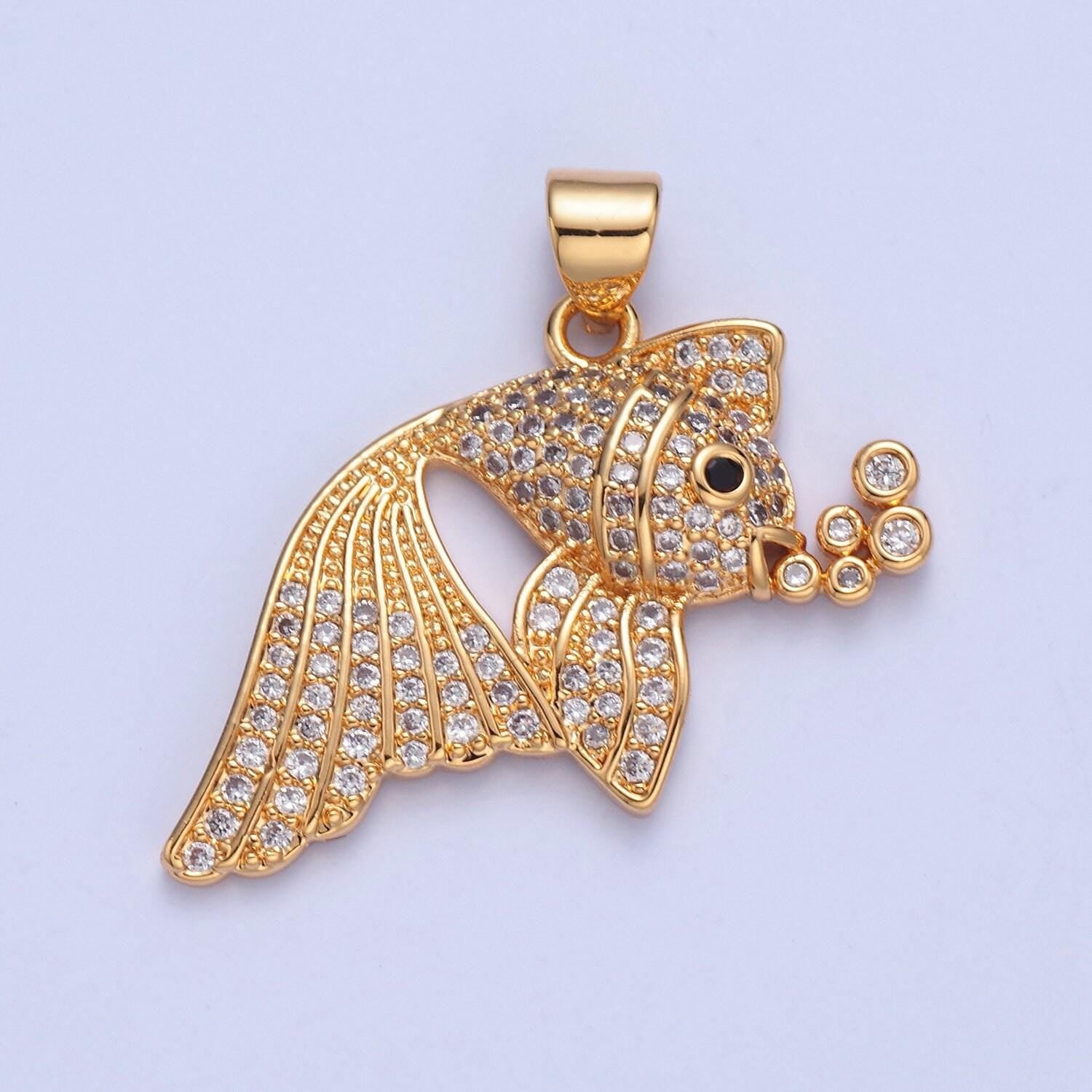 Rainbow gold fish charm micro colorful cz paved sea life fish pendant, sea animal beach life charm | i207