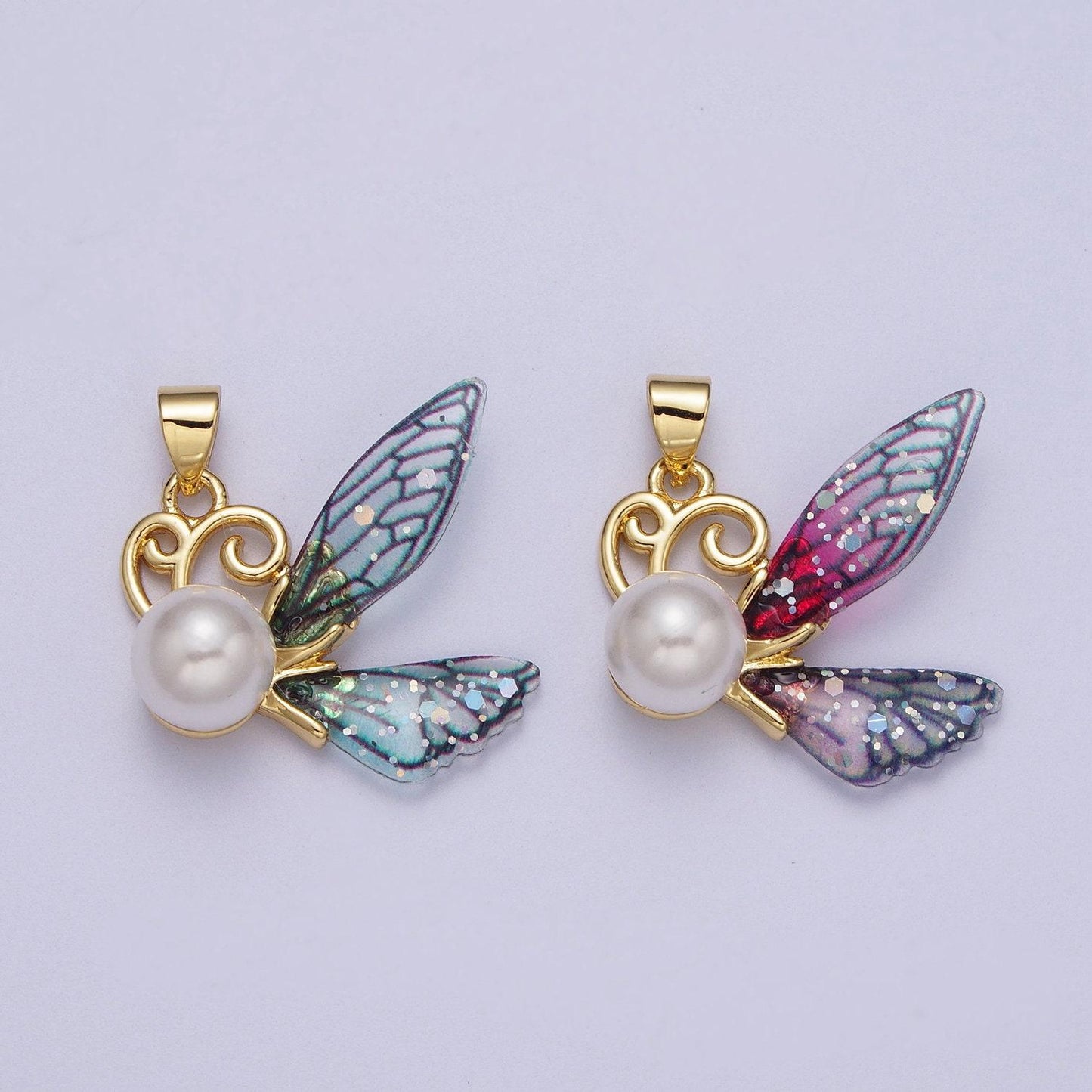 Dainty pearl butterfly pendant blue / fuschia acrylic charm for minimalist jewelry i-203