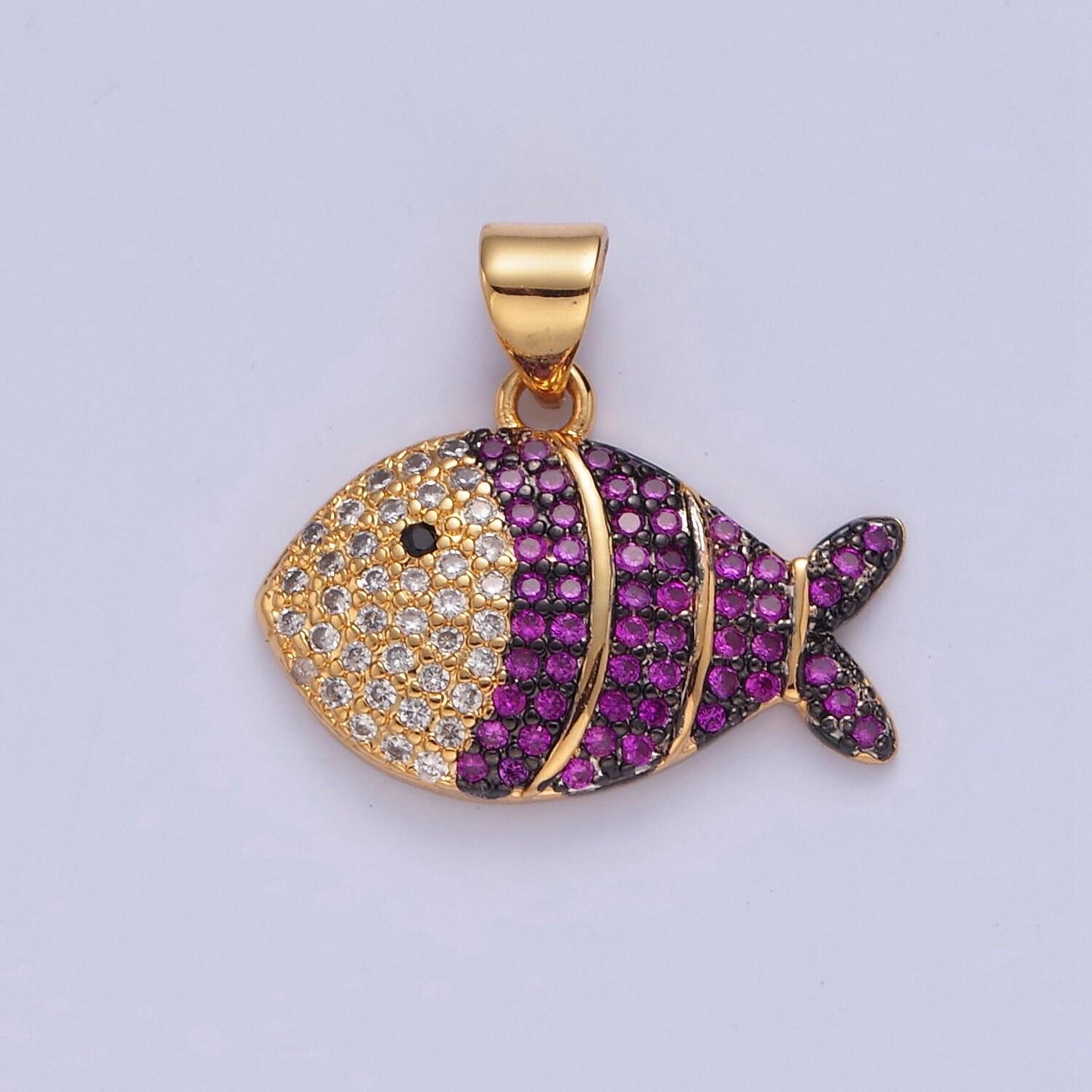 Iced gold clown fish charm micro colorful cz paved sea life fish pendant, sea animal beach life charm | i179