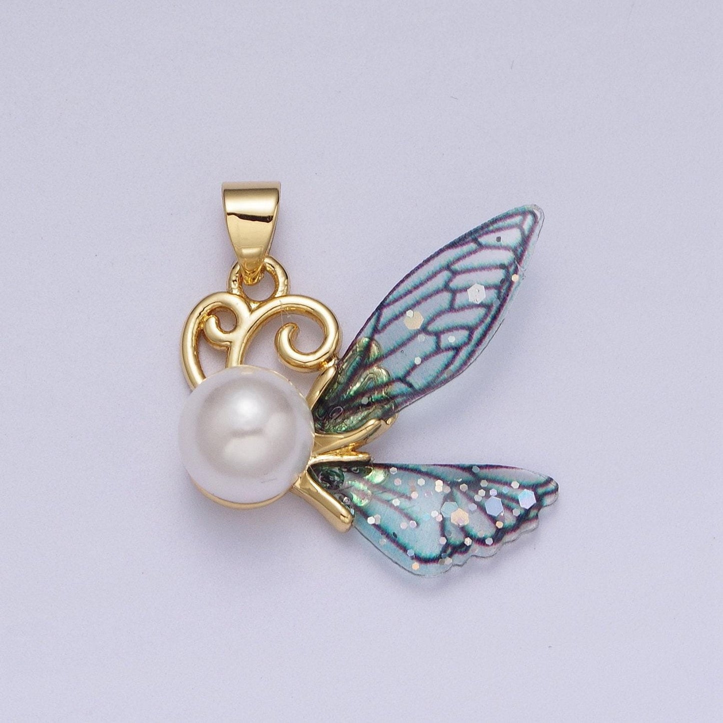 Dainty pearl butterfly pendant blue / fuschia acrylic charm for minimalist jewelry i-203