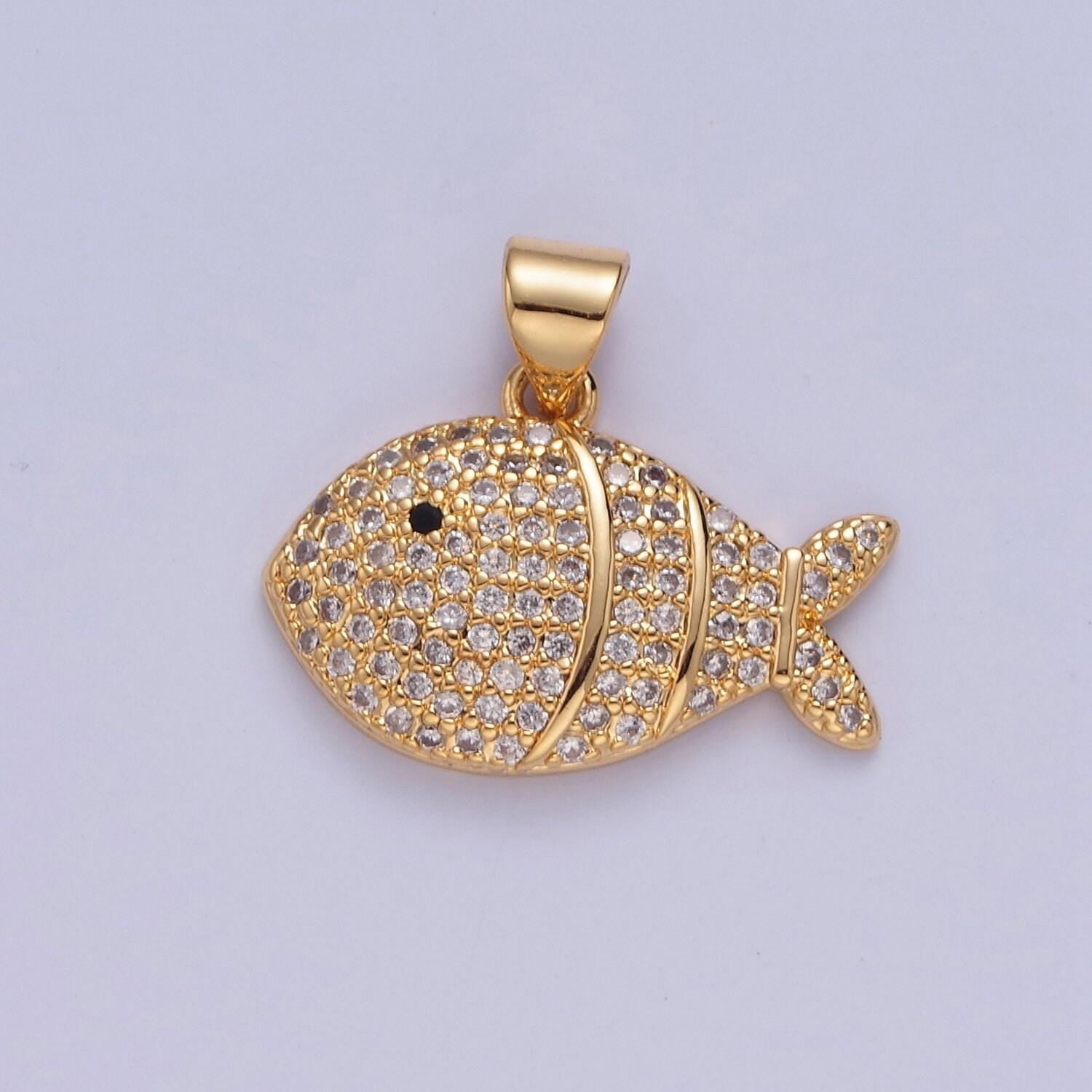 Iced gold clown fish charm micro colorful cz paved sea life fish pendant, sea animal beach life charm | i179