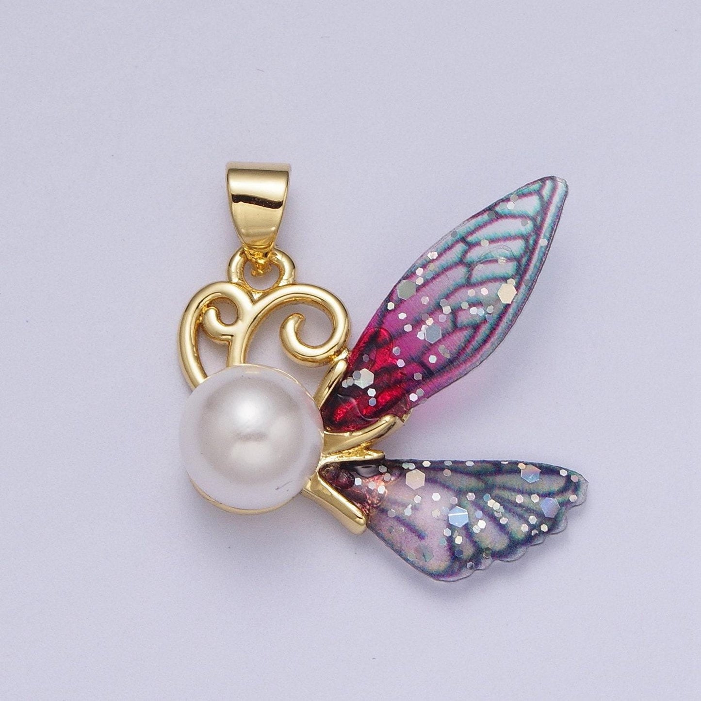 Dainty pearl butterfly pendant blue / fuschia acrylic charm for minimalist jewelry i-203