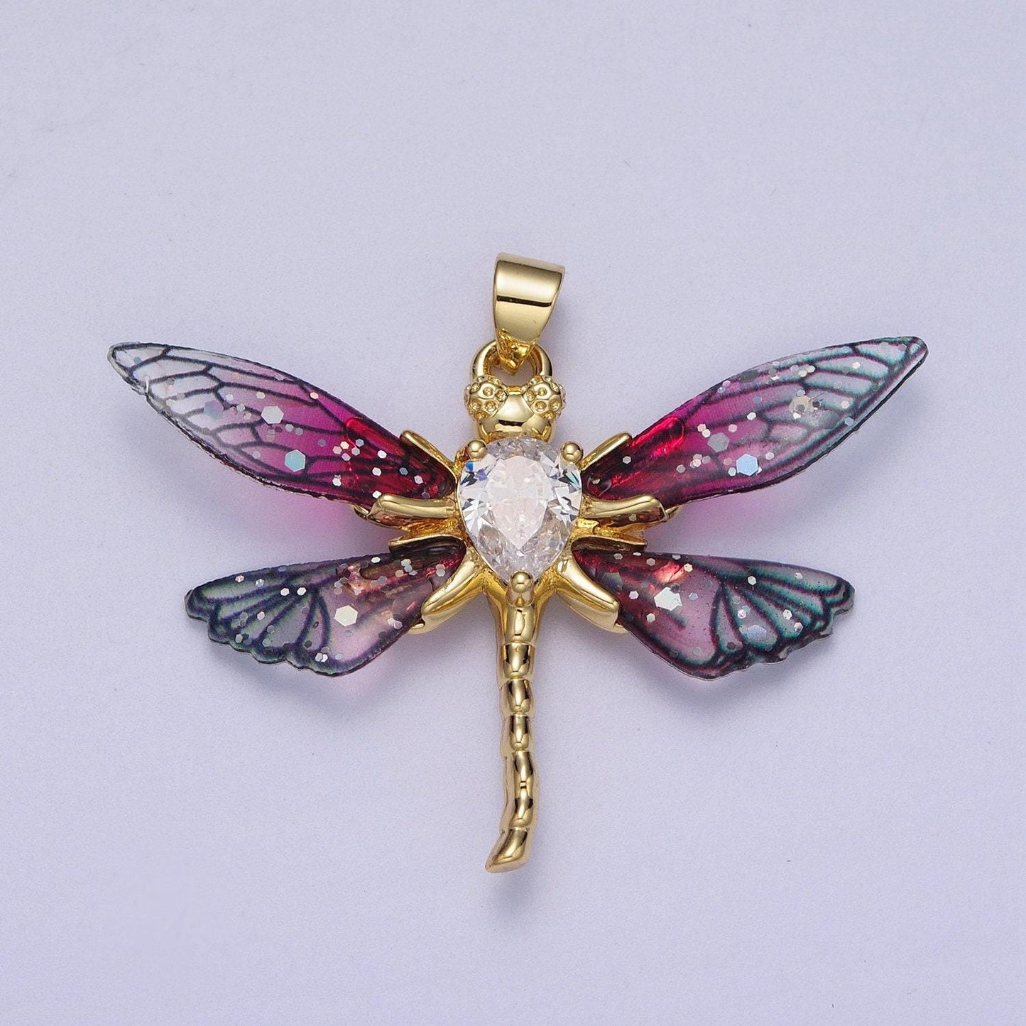 Gold cz blue & fuchsia fairy dragon fly wings pendant, 24k gold filled micro paved cz resin beautiful sparkly insect wings charm