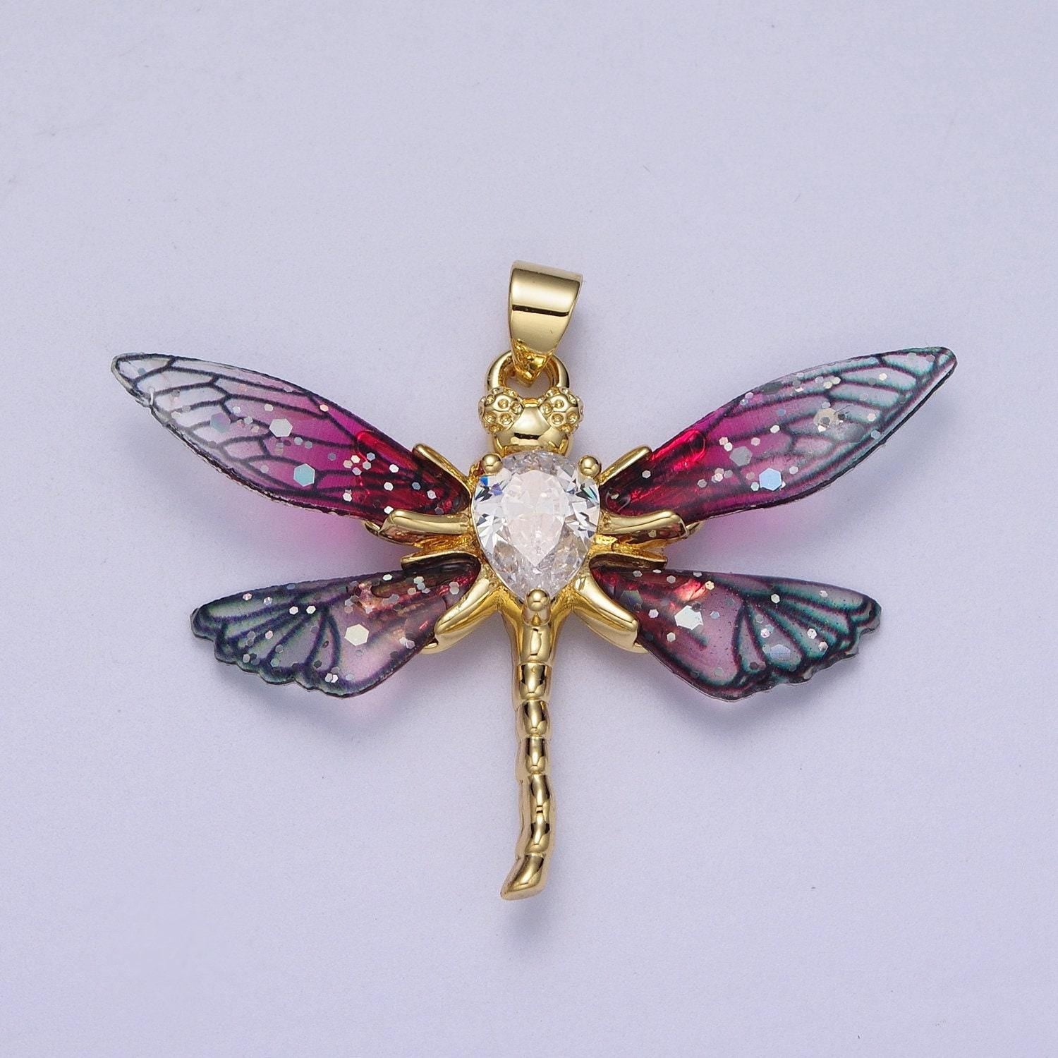 Gold cz blue & fuchsia fairy dragon fly wings pendant, 24k gold filled micro paved cz resin beautiful sparkly insect wings charm