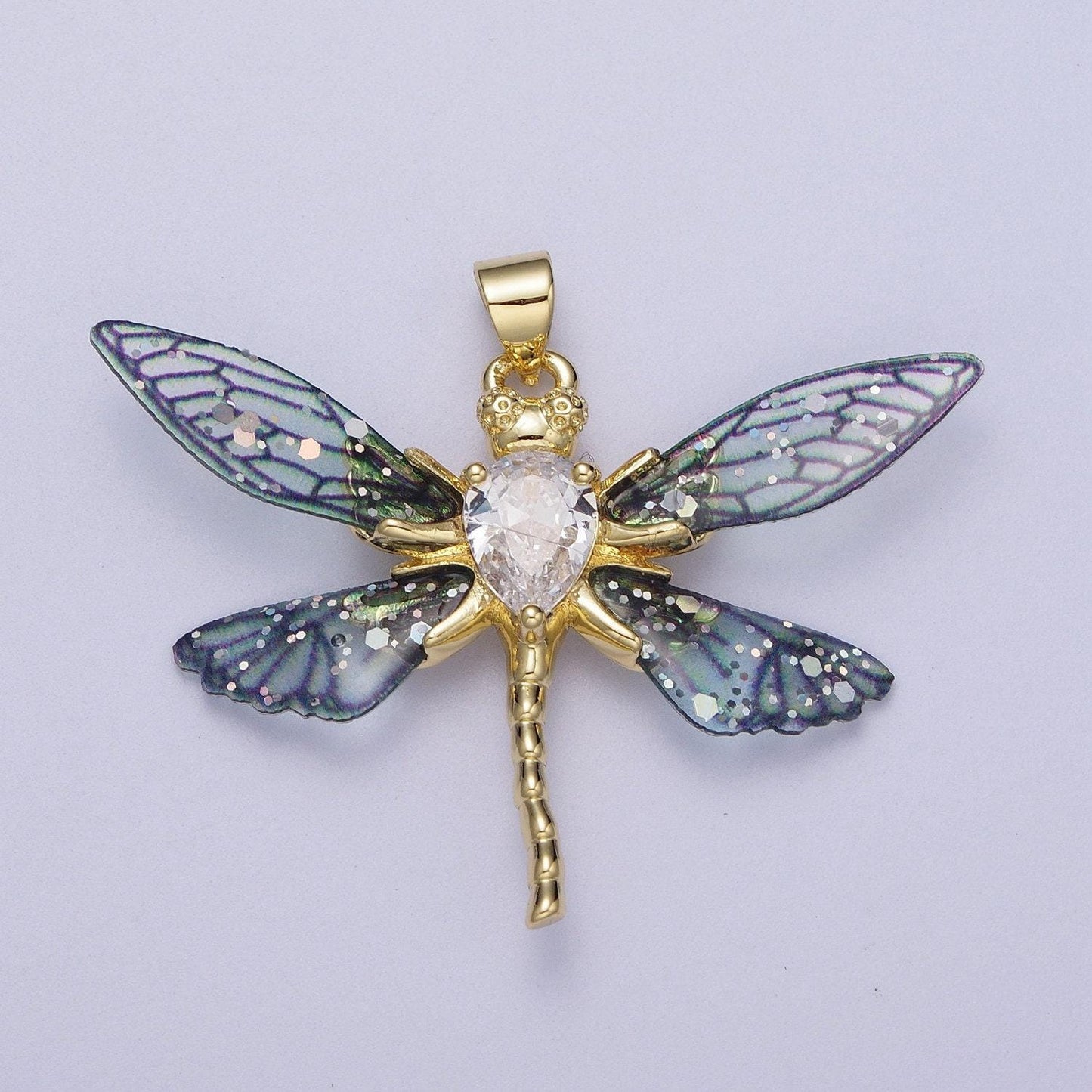 Gold cz blue & fuchsia fairy dragon fly wings pendant, 24k gold filled micro paved cz resin beautiful sparkly insect wings charm