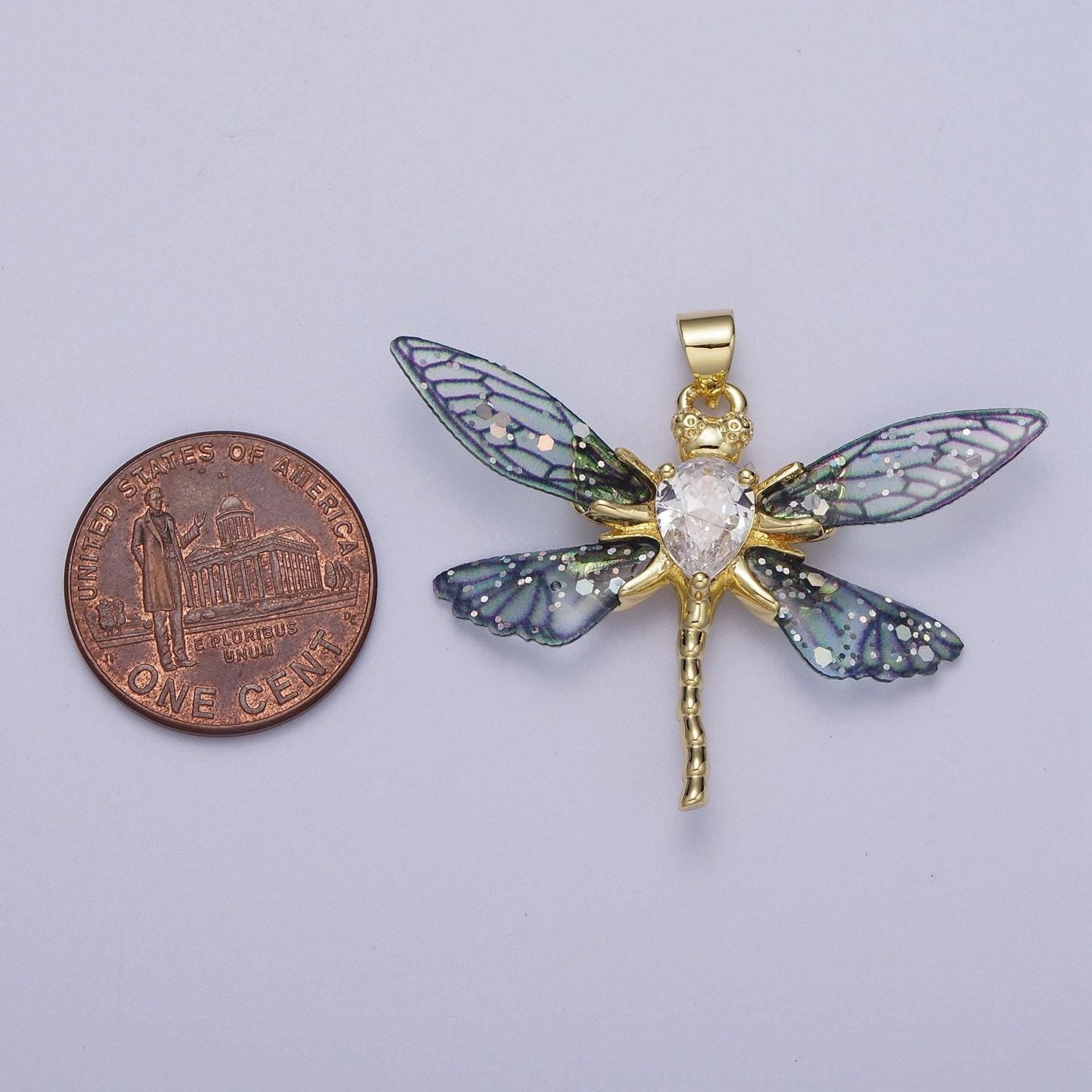 Gold cz blue & fuchsia fairy dragon fly wings pendant, 24k gold filled micro paved cz resin beautiful sparkly insect wings charm