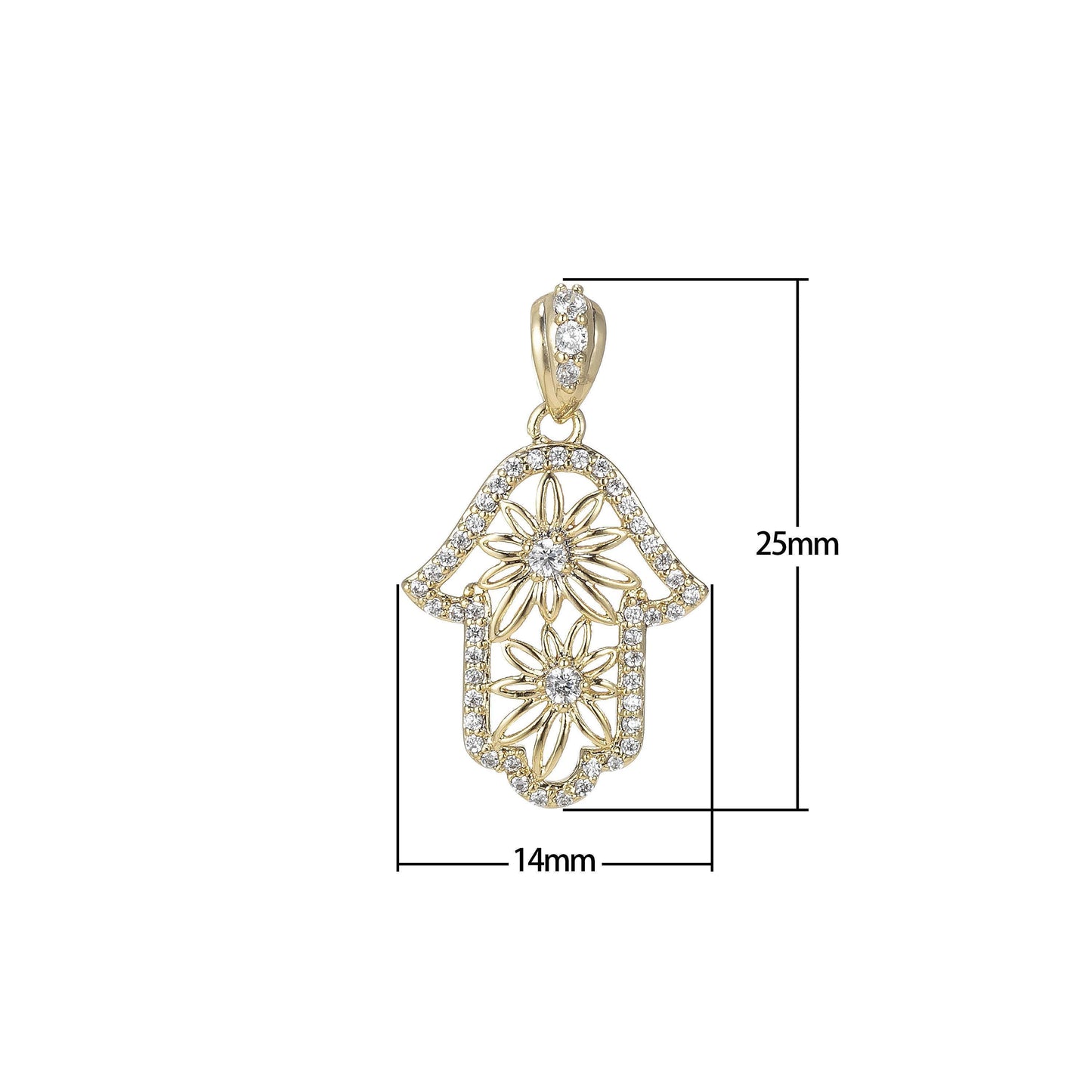 14k gold filled hamsa hand pendant- flower floral cubic hamsa hand charm i-114