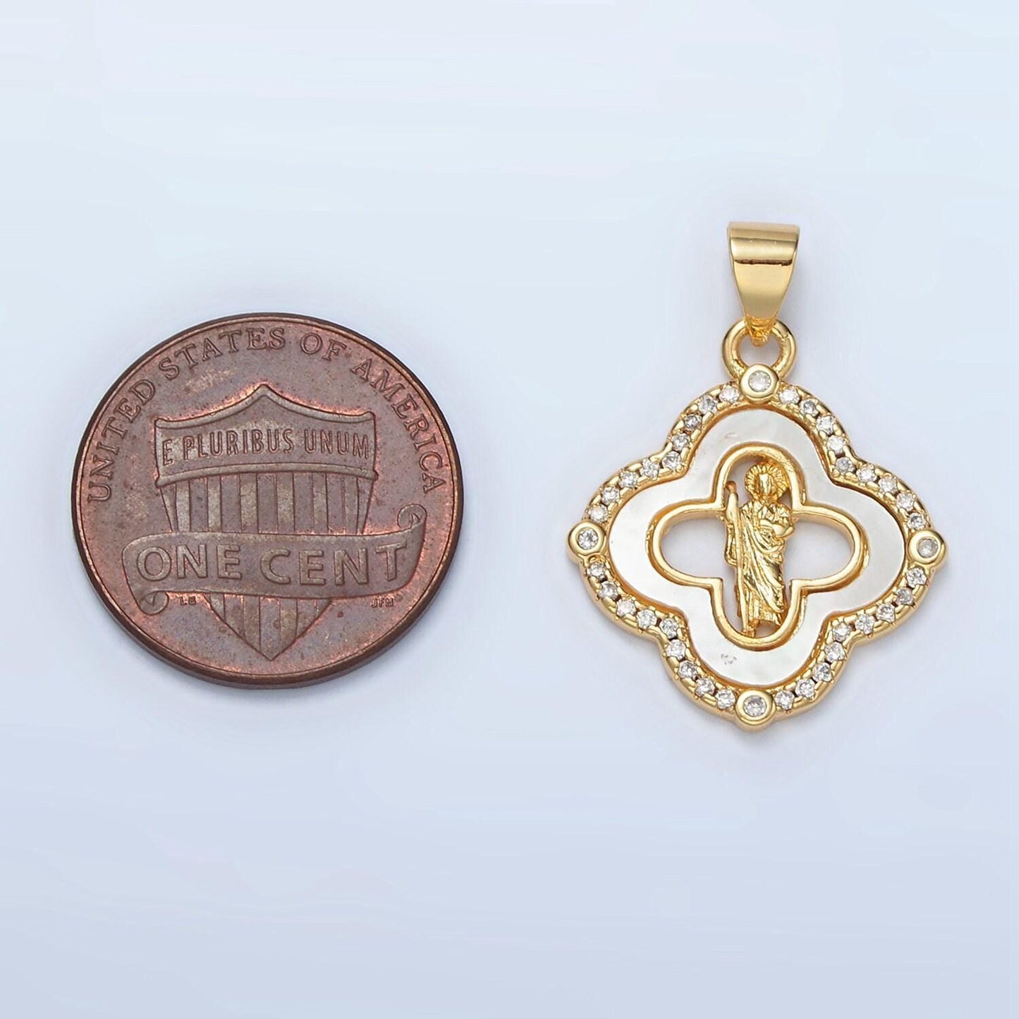 Dainty mother of pearl clover charm with saint jude pendant for religious bracelet necklace making san judas protection jewelry i109