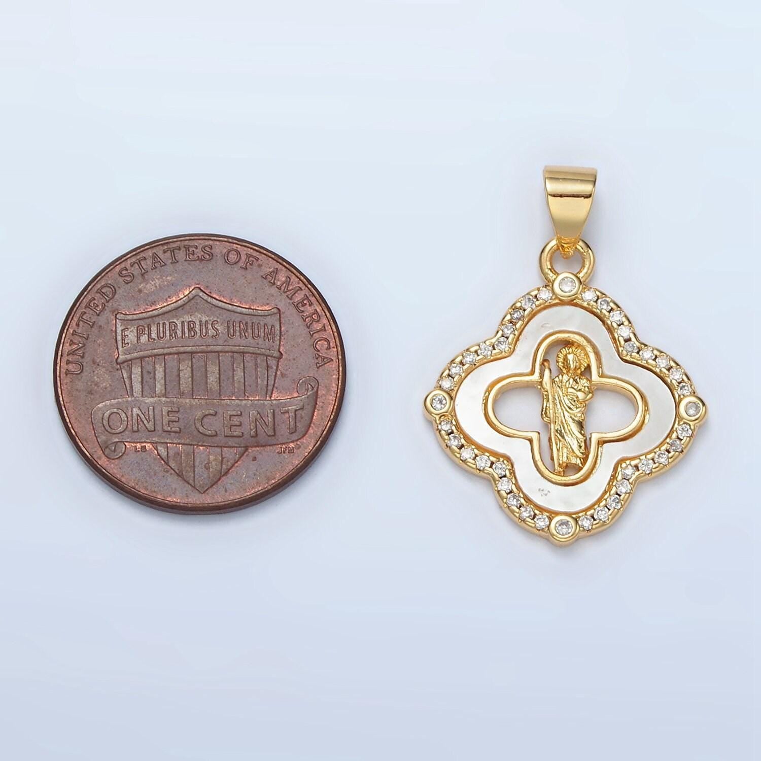 Dainty mother of pearl clover charm with saint jude pendant for religious bracelet necklace making san judas protection jewelry i109