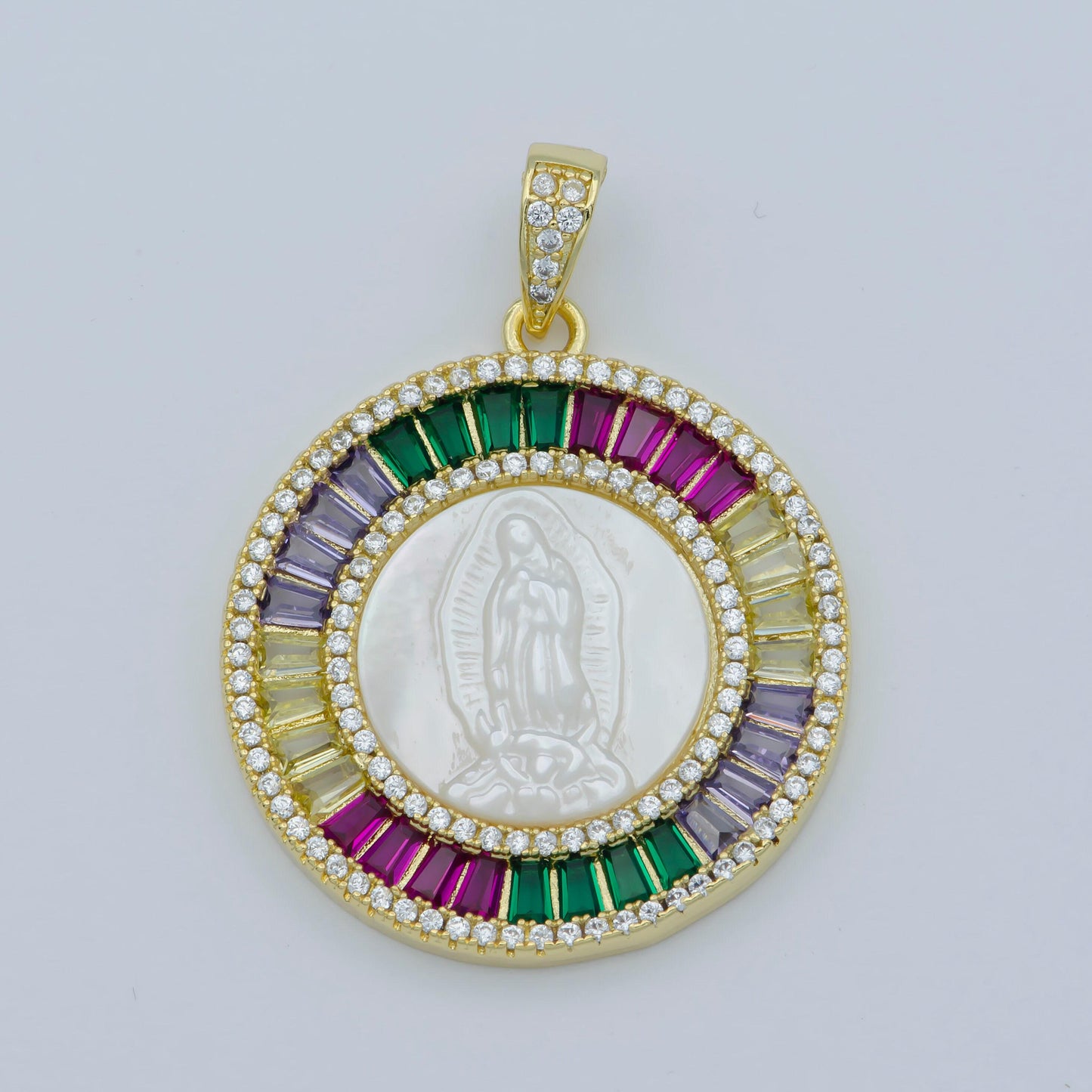 Pearl mother mary gold coin charm necklace, virgin mary medallion our lady of guadalupe cubic pink green blue religious jewelry pendant