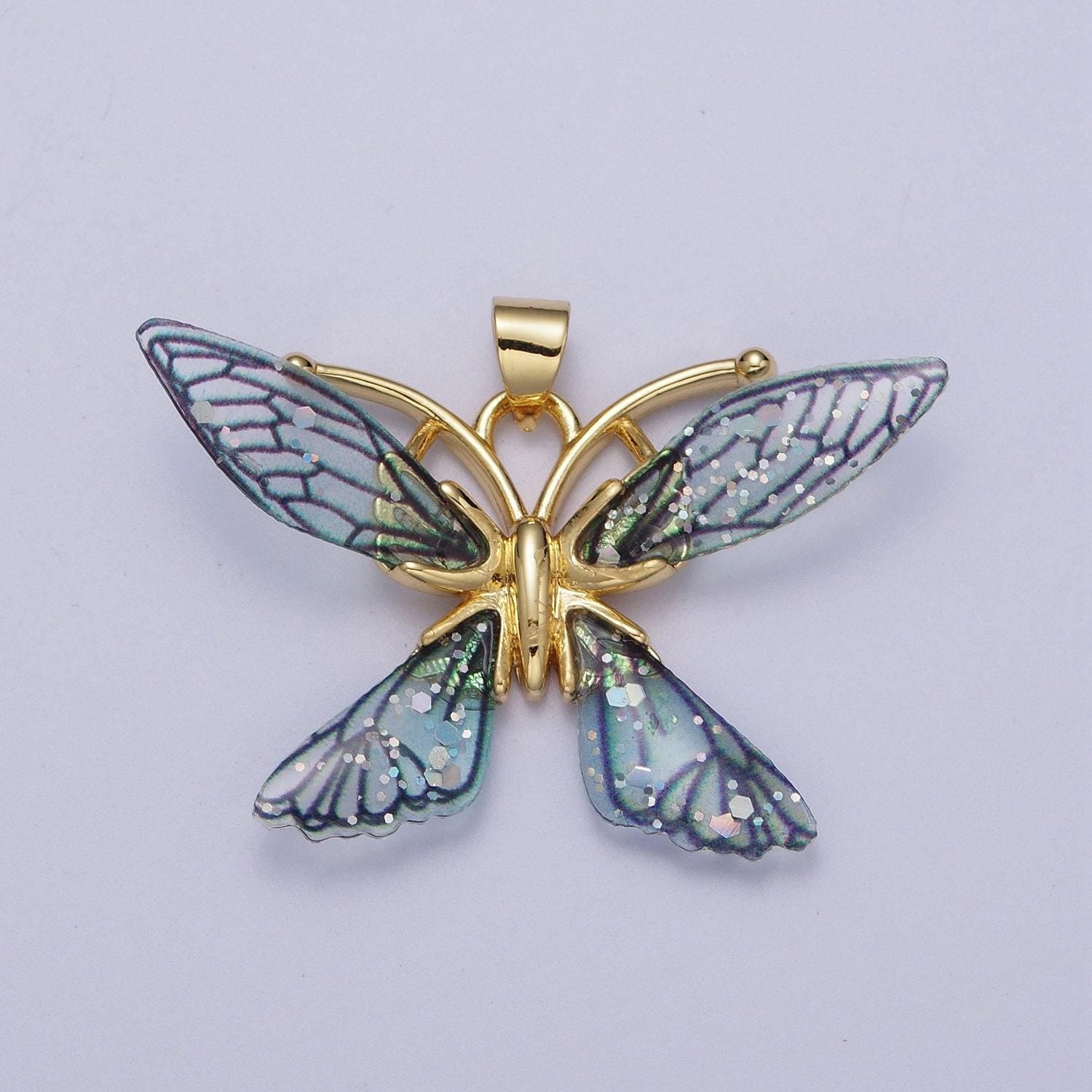 Gold cz blue & fuchsia butterfly pendant, 24k gold filled micro paved cz resin beautiful sparkly fairy charm | i089 i092