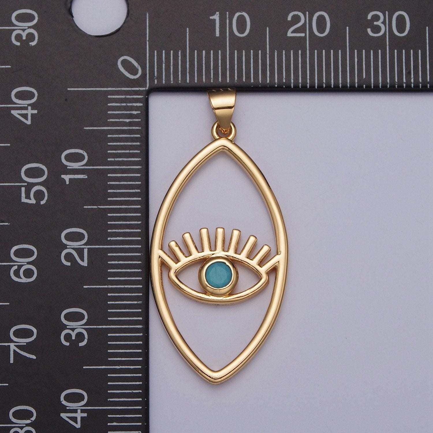 24k gold micro cubic zirconia evil eye charm in oblate spheroid, gold plated pendant diy small amulet piece | i-081, h-836
