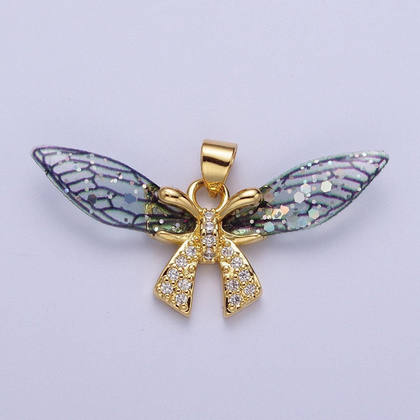 Gold cz blue & fuchsia fairy ribbon pendant, 24k gold plated micro paved marquise cz resin beautiful sparkly fairy bow charm | h-925, h-928