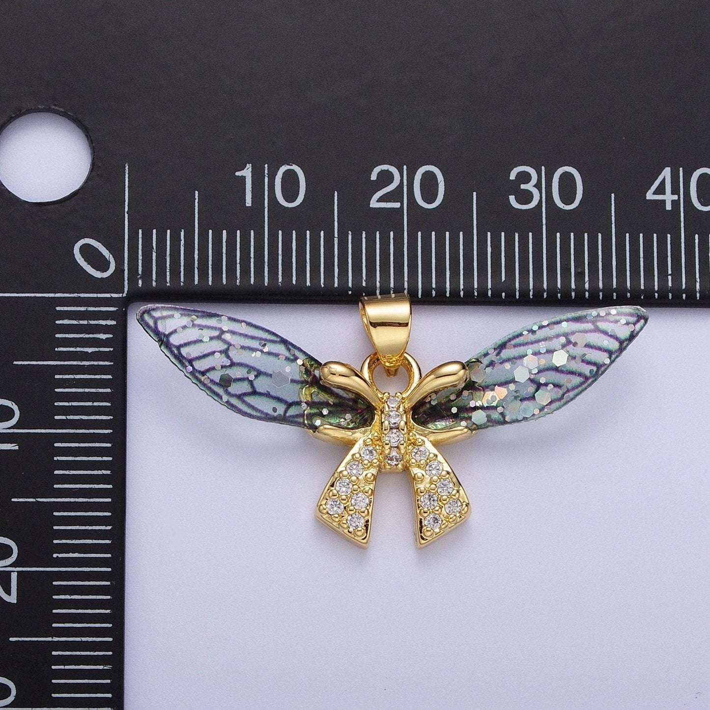 Gold cz blue & fuchsia fairy ribbon pendant, 24k gold plated micro paved marquise cz resin beautiful sparkly fairy bow charm | h-925, h-928