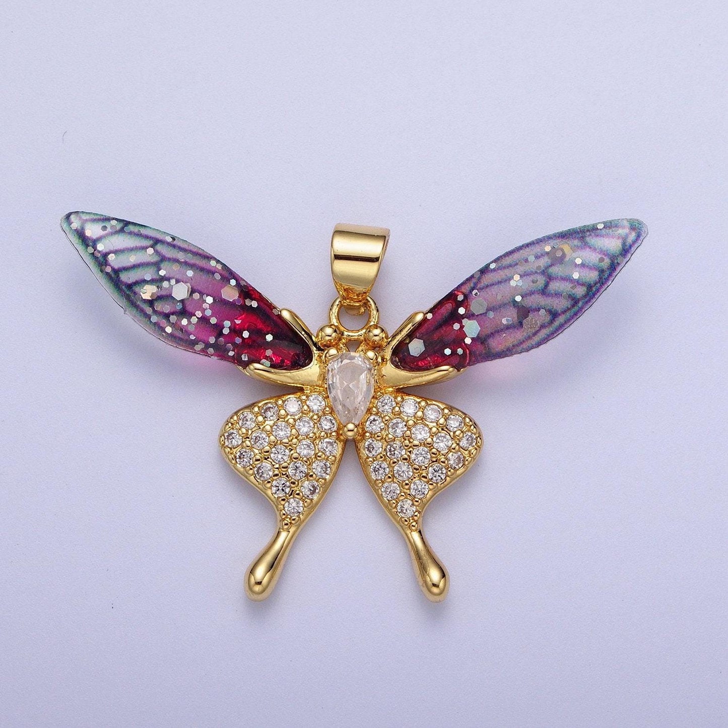 Gold cz blue & fuchsia fairy pendant, 24k gold plated micro paved marquise cut cz resin beautiful sparkly fairy charm | h-884, h-909
