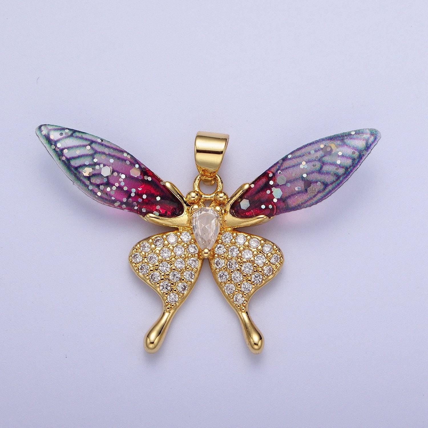 Gold cz blue & fuchsia fairy pendant, 24k gold plated micro paved marquise cut cz resin beautiful sparkly fairy charm | h-884, h-909