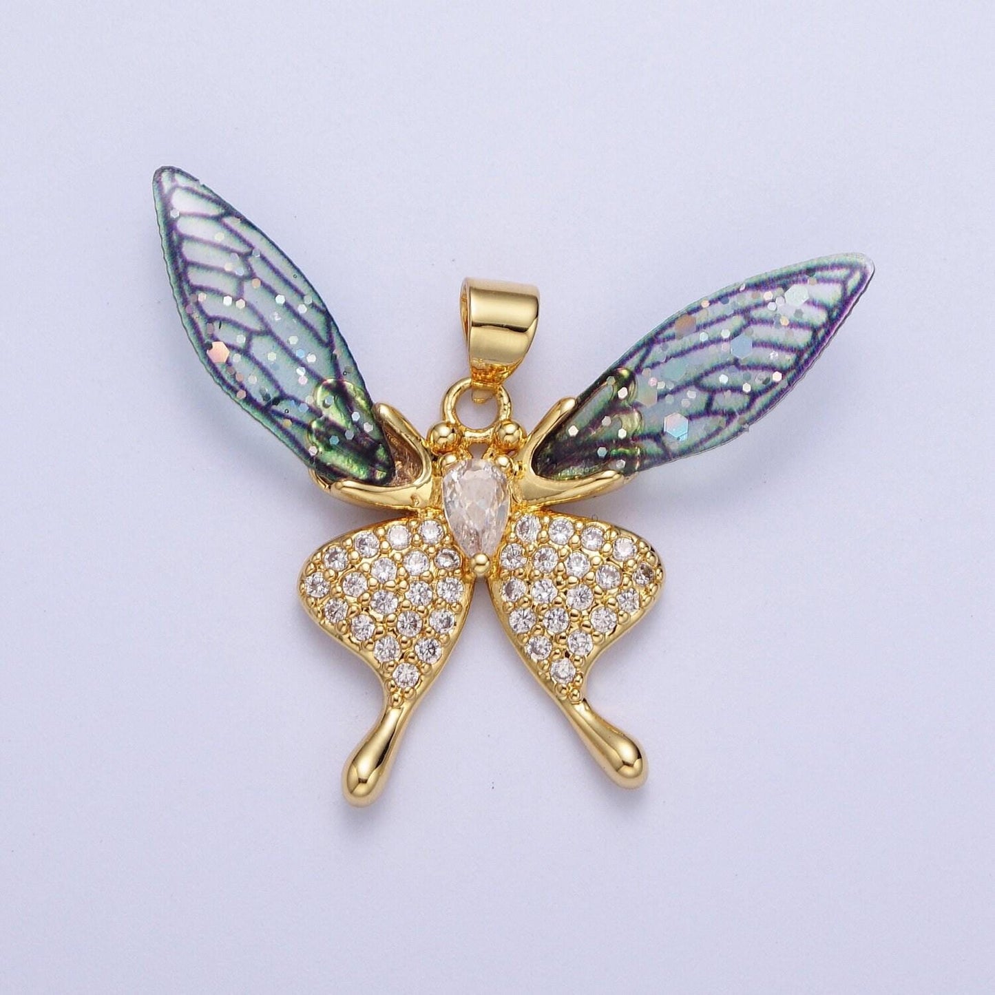 Gold cz blue & fuchsia fairy pendant, 24k gold plated micro paved marquise cut cz resin beautiful sparkly fairy charm | h-884, h-909