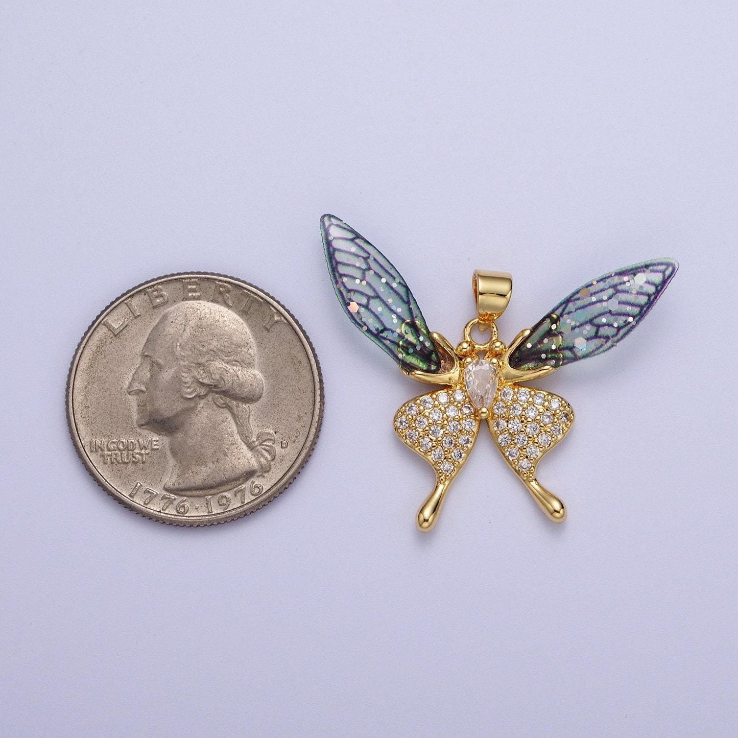 Gold cz blue & fuchsia fairy pendant, 24k gold plated micro paved marquise cut cz resin beautiful sparkly fairy charm | h-884, h-909