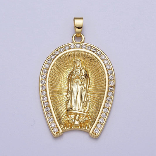 Big gold lady gudalupe pendant for religious statement jewelry virgin mary charm with clear cubic zirconia h-887