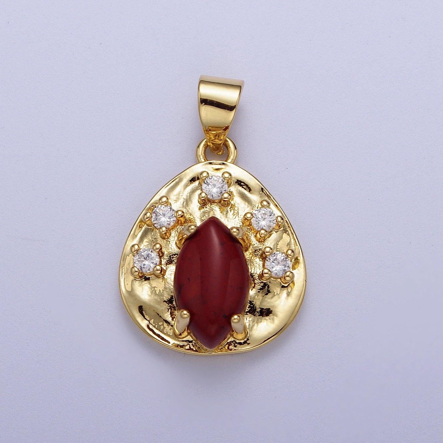 Gold cz natural marquise cut gemstone abstract hammered pendant, 14k gold plated clear cz w. red jasper, amethyst, tiger eye oval coin charm