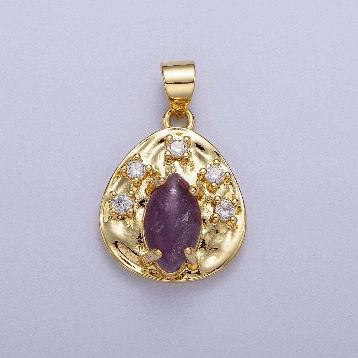 Gold cz natural marquise cut gemstone abstract hammered pendant, 14k gold plated clear cz w. red jasper, amethyst, tiger eye oval coin charm