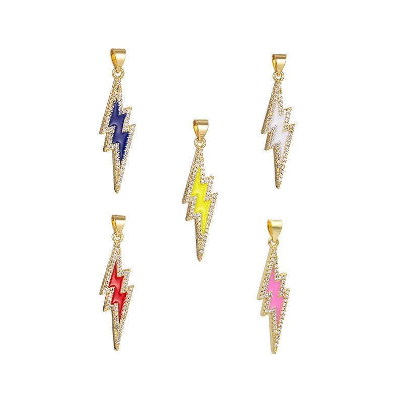 Enamel lighting gold micro pave charm lightning bolt pendant, statement bold bolt, wizard charm, thunder pendant for necklace