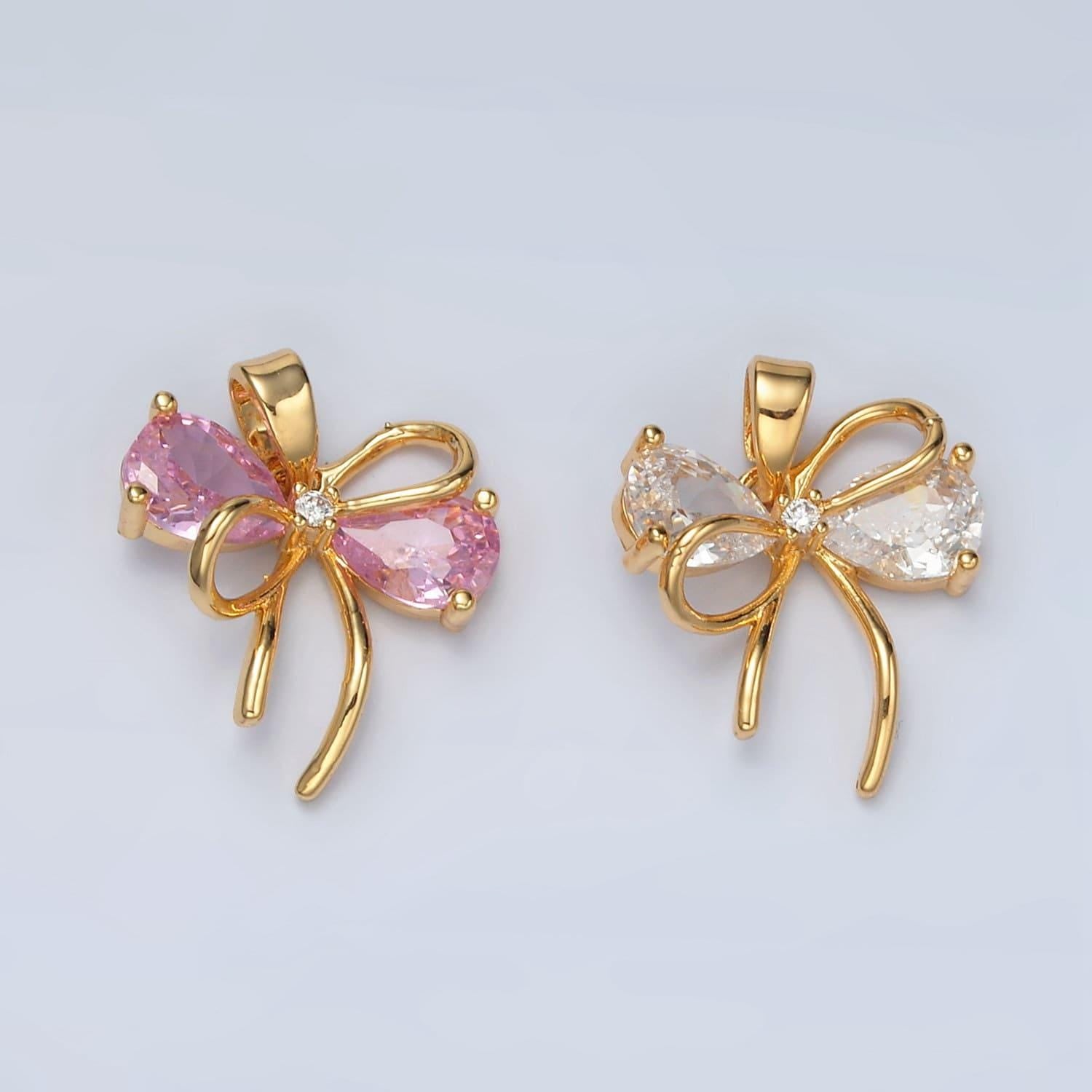 24k gold filled bow charms cz charm pink clear micro pave bow mini bow pendant cubic zirconia charm for bracelet necklace h859