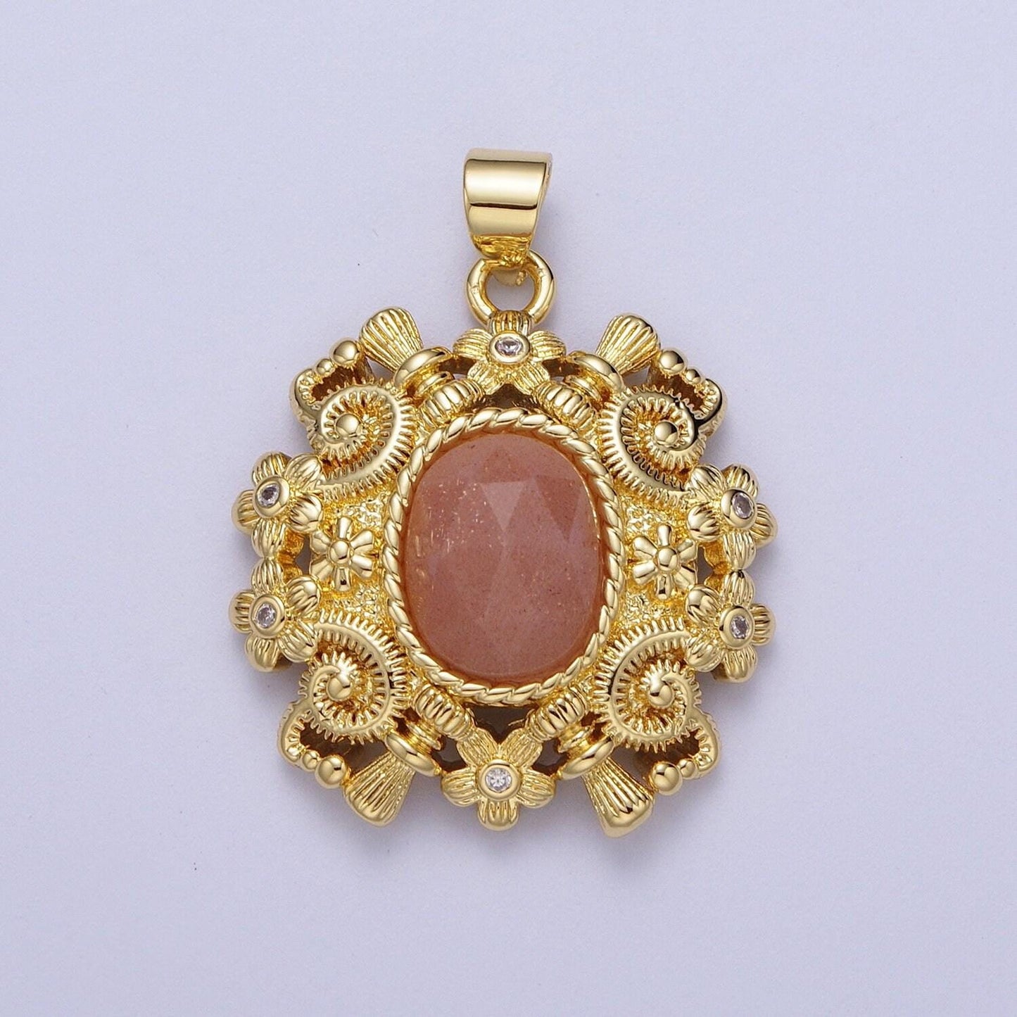 Gold natural oval gemstone floral geometric designed pendant, 14k gold plated clear cz w. red aventurine, peach moonstone, malachite charms
