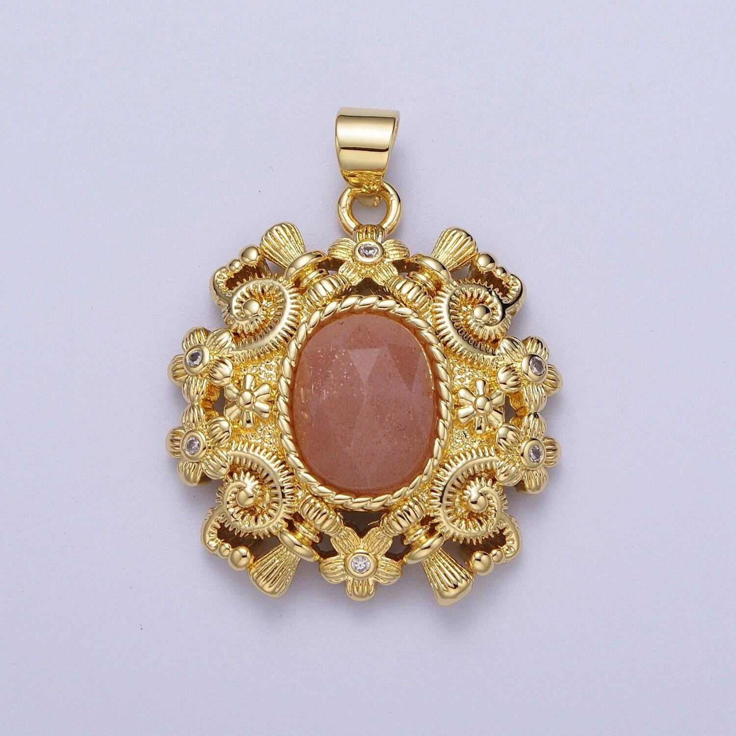 Gold natural oval gemstone floral geometric designed pendant, 14k gold plated clear cz w. red aventurine, peach moonstone, malachite charms