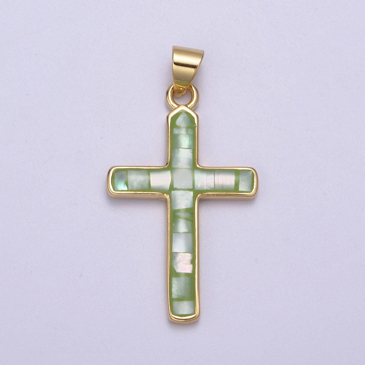 Dainty pink, green, blue opal religious cross pendant for christian catholic baptism, religious jewelry making supply in 24k gold filled