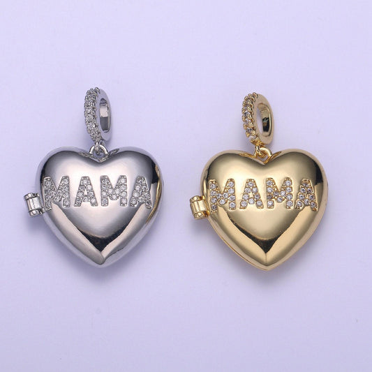 Heart gold best mom ever micro pave locket pendant, gold silver open locket cubic zirconia pave mom charm necklace